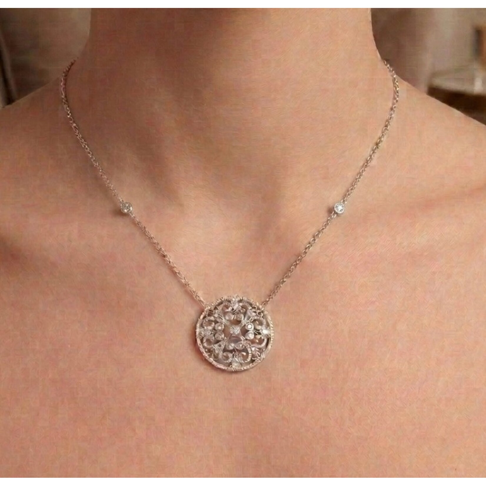 14K White Gold Round Diamond Filigree Medallion Necklace