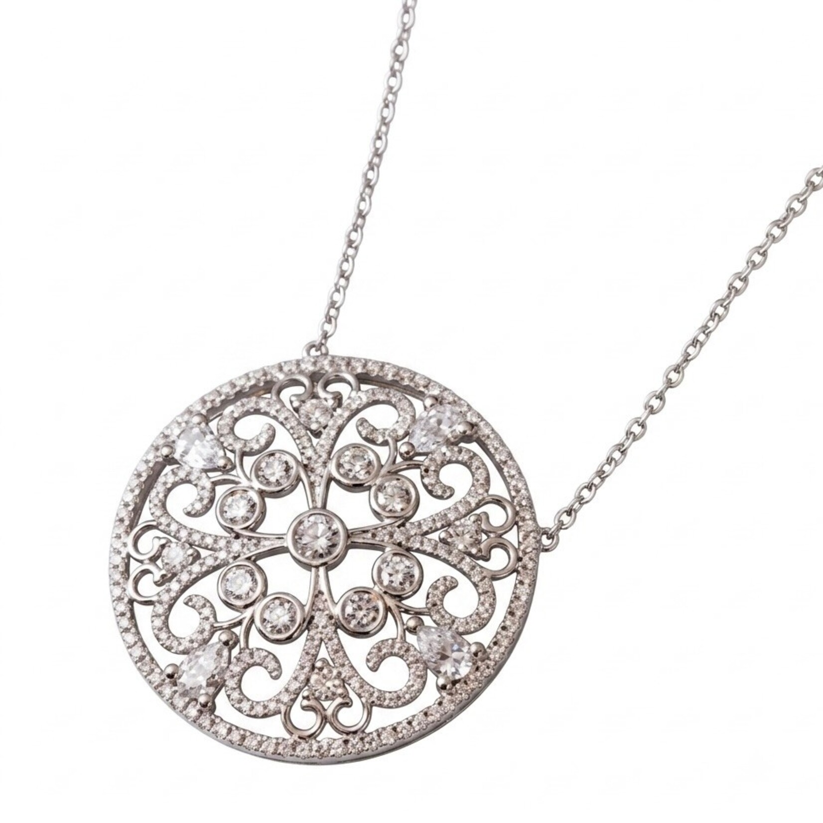 14K White Gold Round Diamond Filigree Medallion Necklace