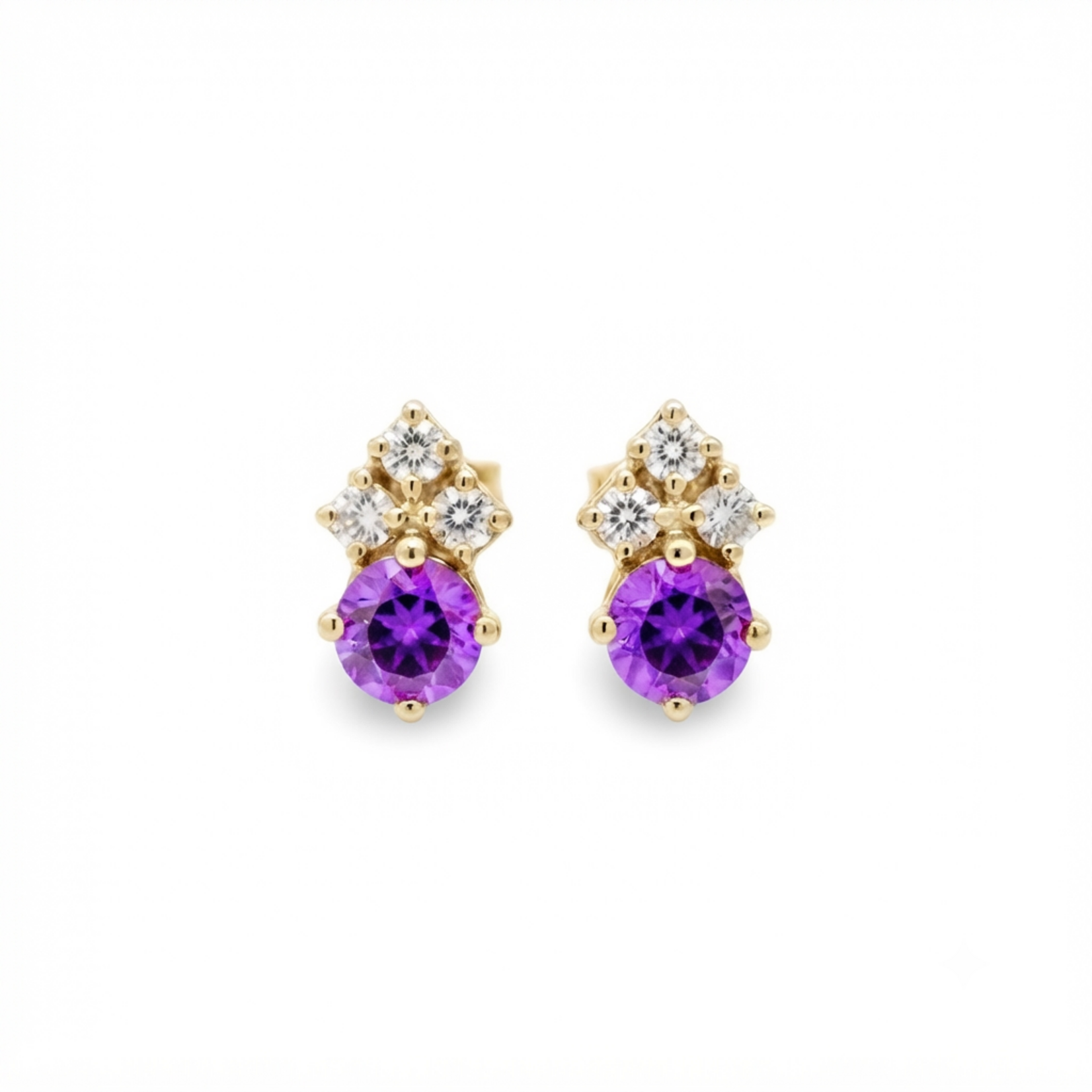 14K Yellow Gold Amethyst & Diamond Stud Earrings