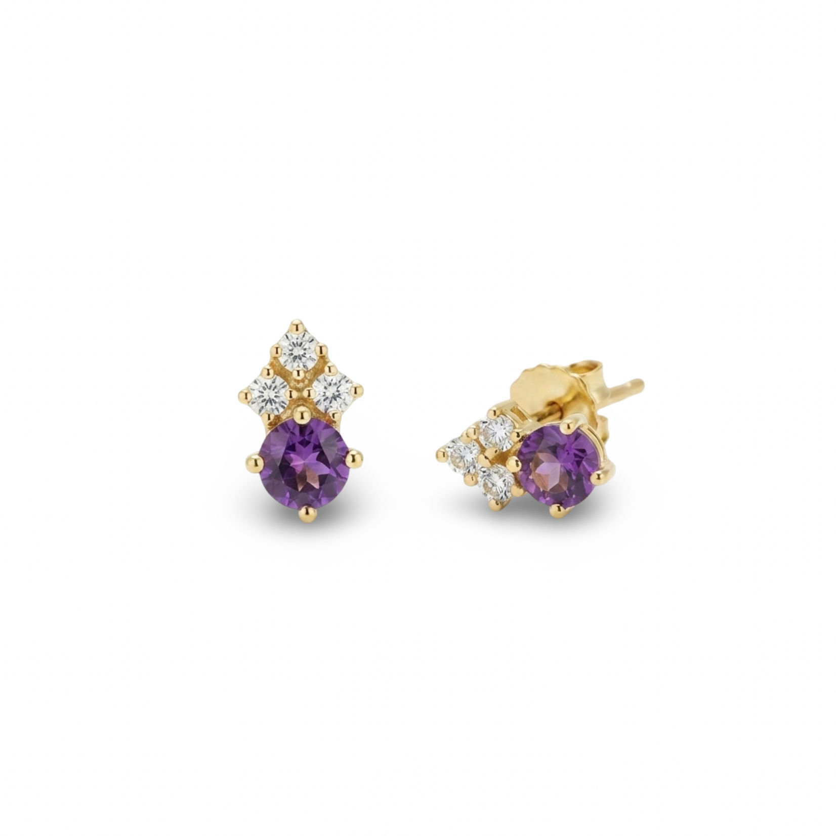 14K Yellow Gold Amethyst & Diamond Stud Earrings