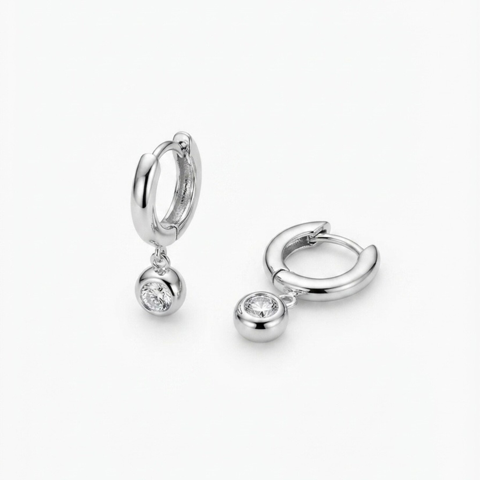 14K White Gold Diamond Bezel Charm Hoop Earrings