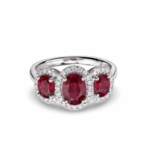 14K White Gold Three Stone Ruby and Diamond Halo Ring