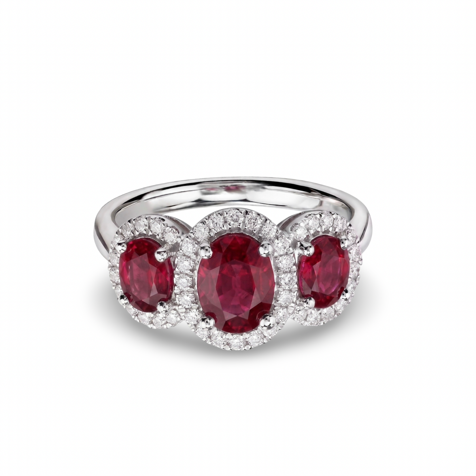 14K White Gold Three Stone Ruby and Diamond Halo Ring