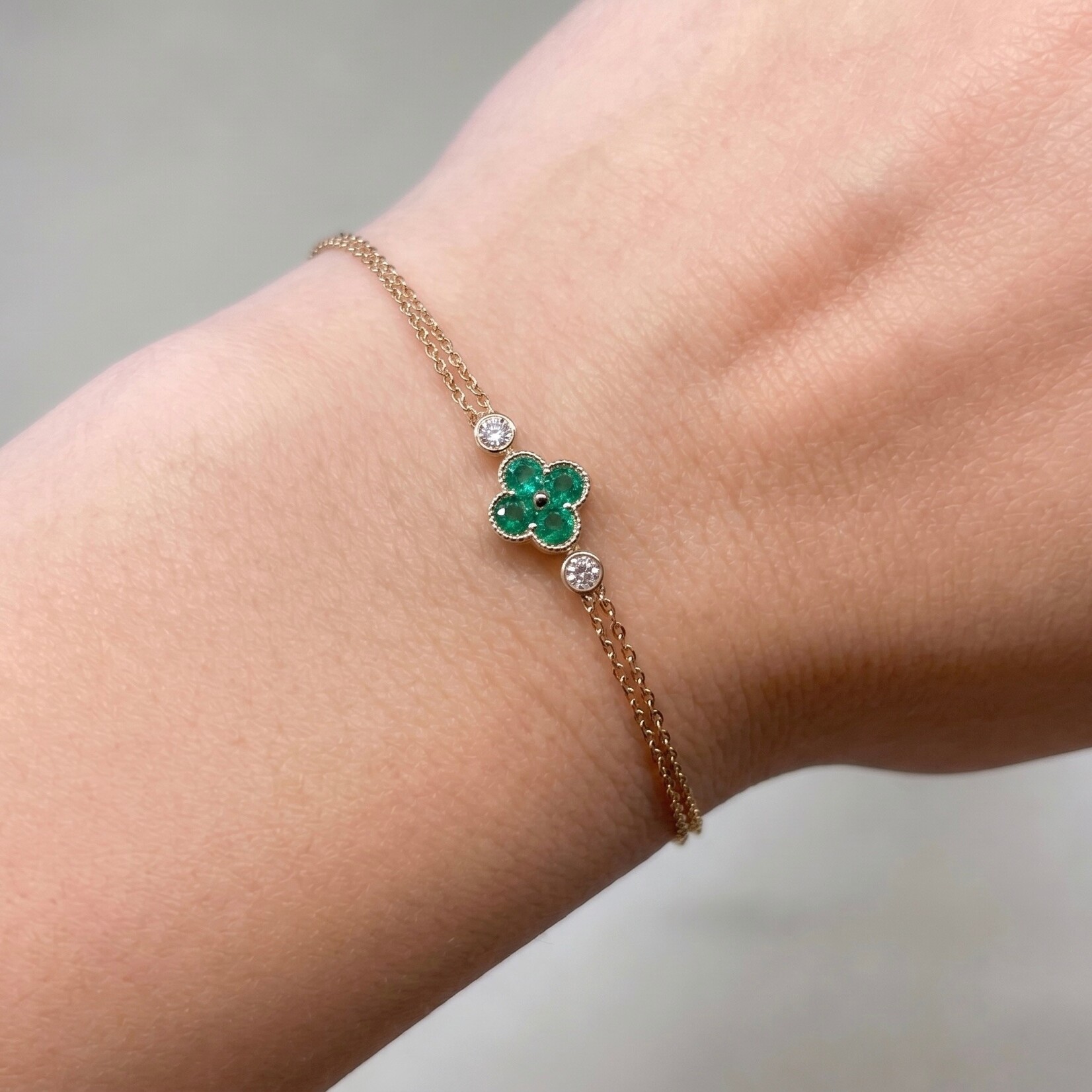 14K Yellow Gold Emerald & Diamond  Bezel Cluster Bracelet