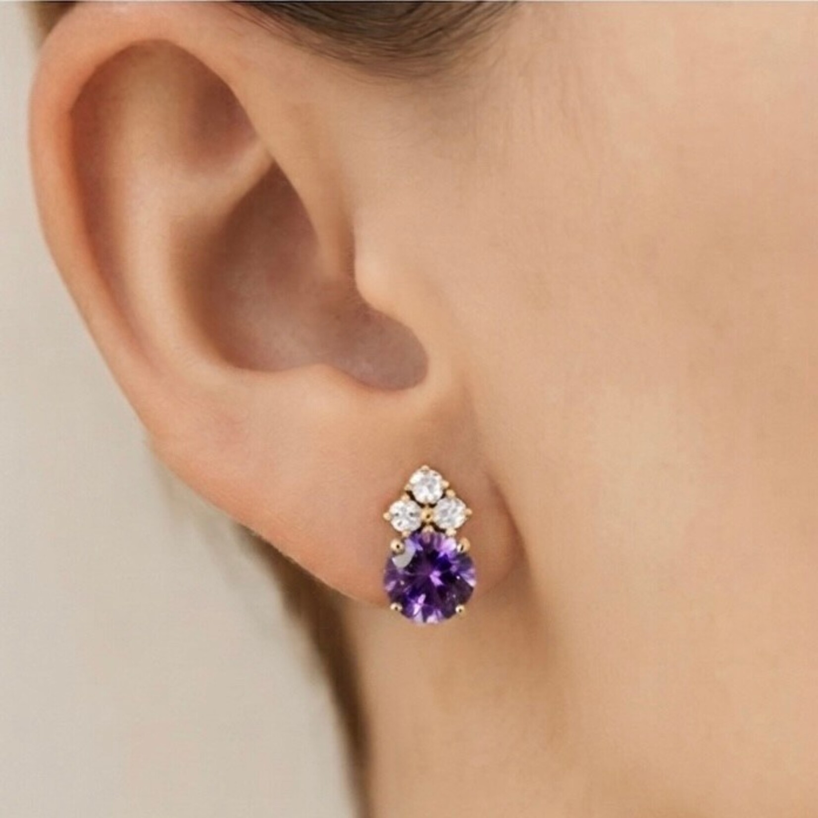 14K Yellow Gold Amethyst & Diamond Stud Earrings