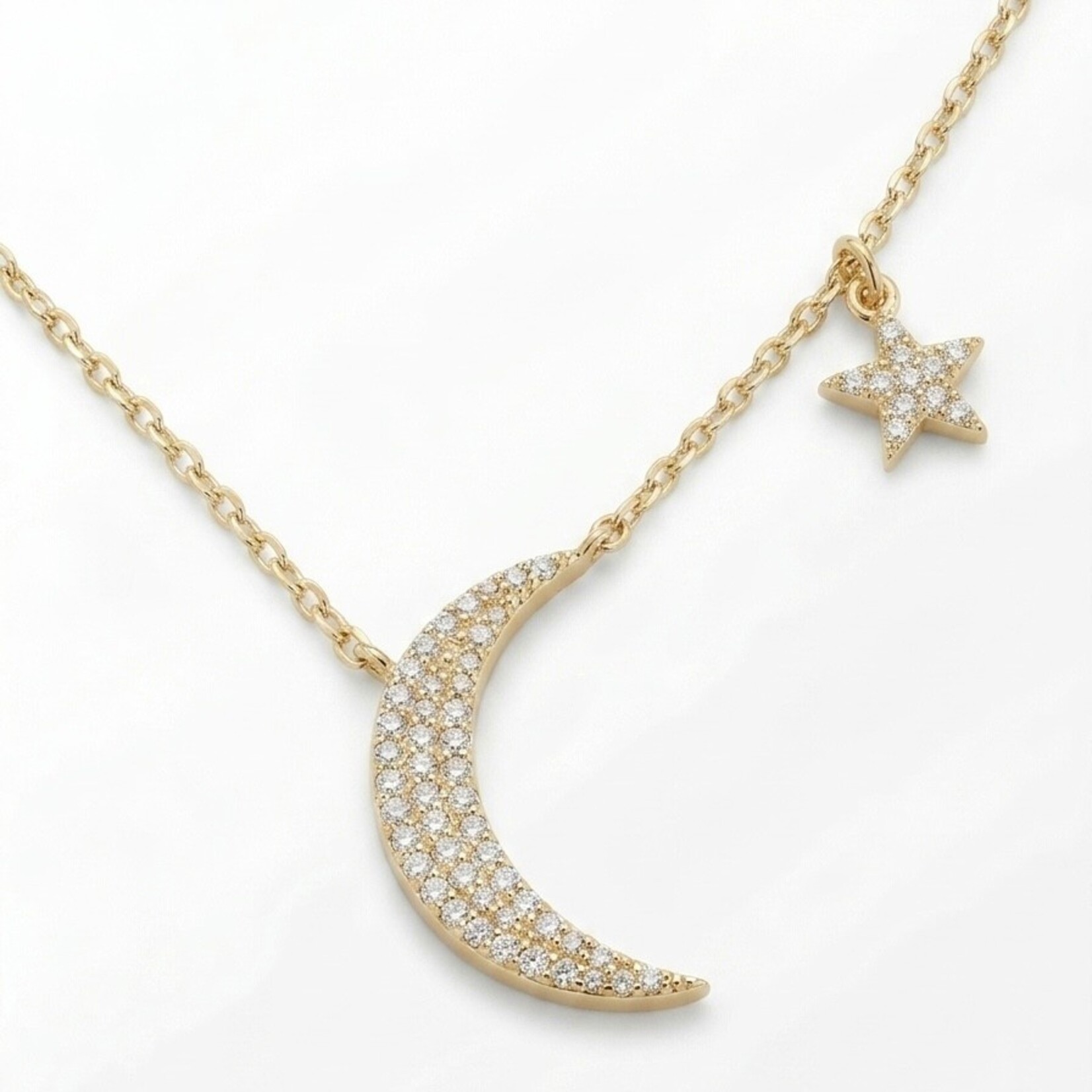 14K Yellow Gold Moon & Star Diamond Necklace