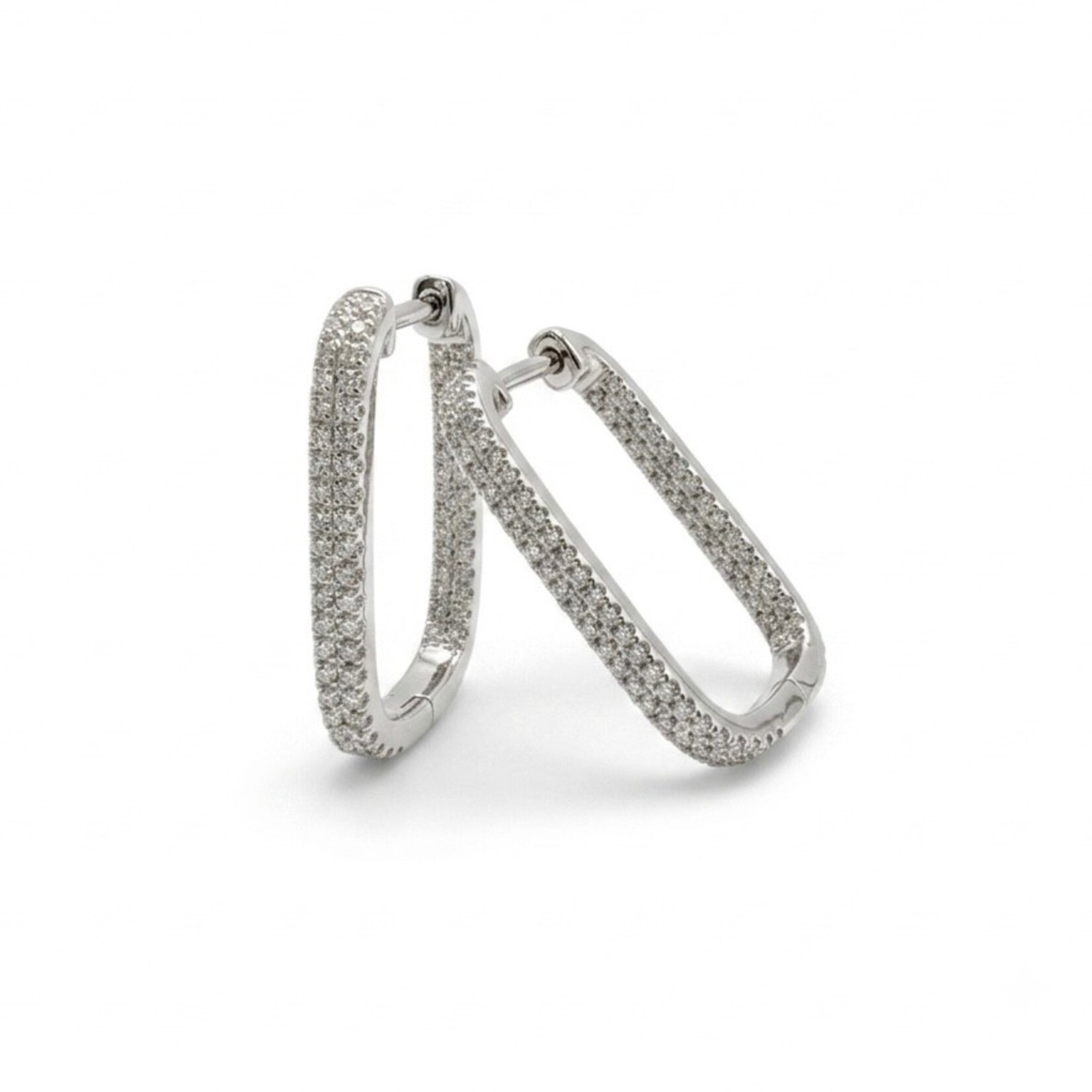 14K White Gold Rectangular Pave Diamond Hoop Earrings