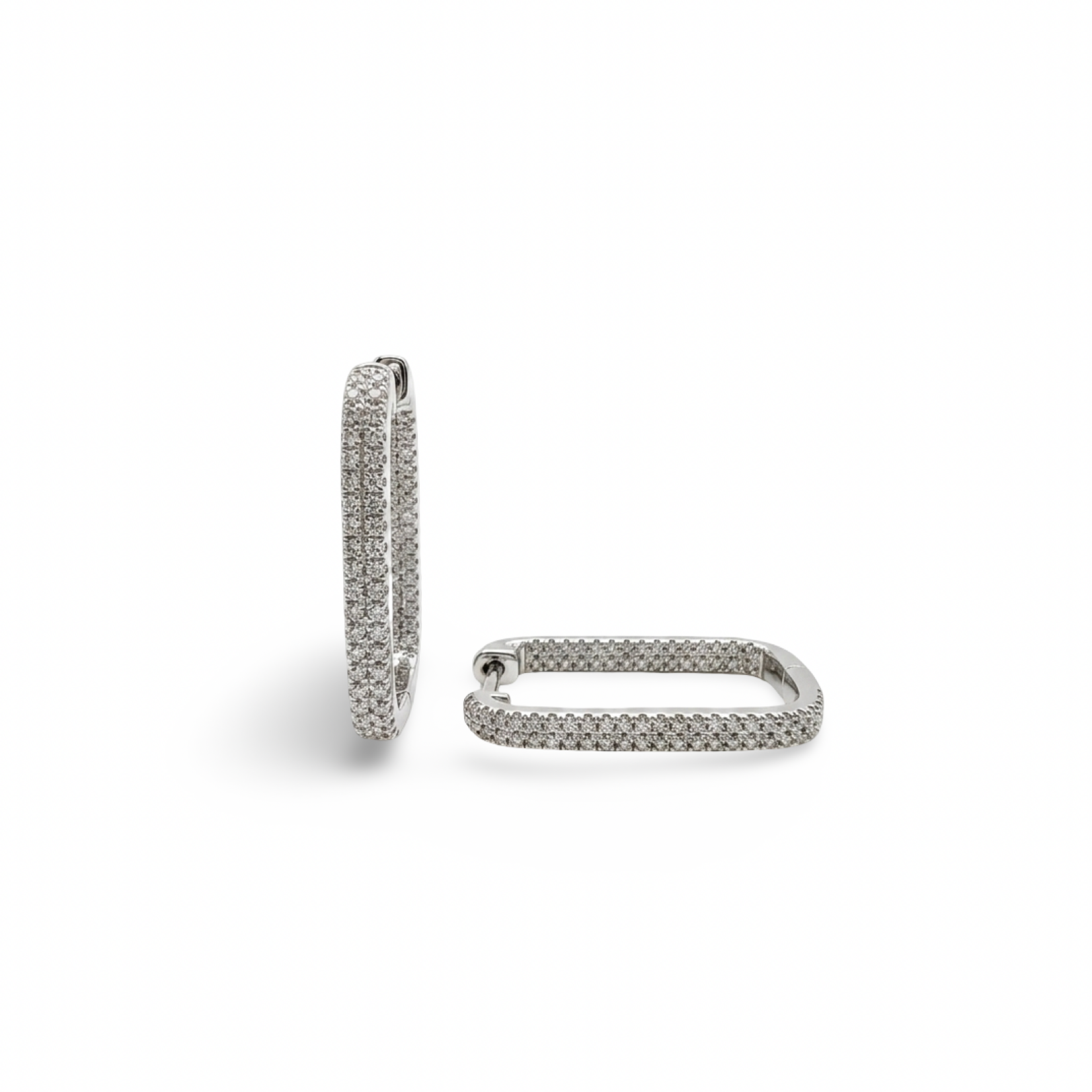 14K White Gold Rectangular Pave Diamond Hoop Earrings