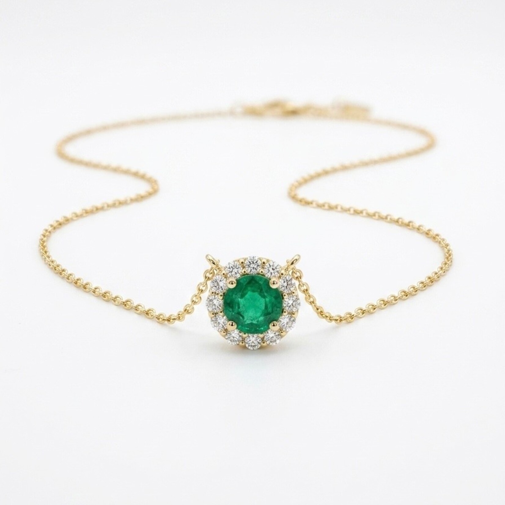 14K Yellow Gold Emerald & Diamond Halo Pendant