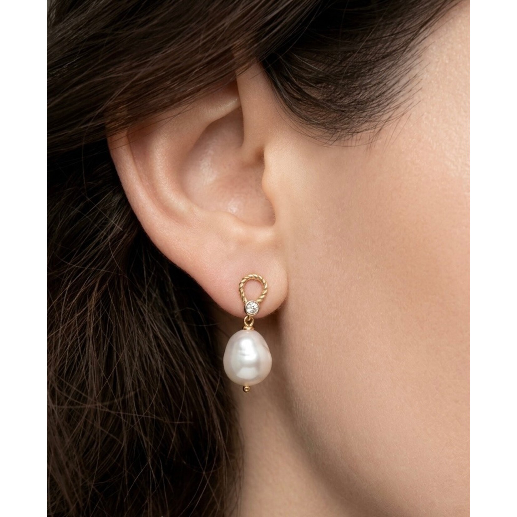 14K Yellow Gold Pearl & Diamond Cable Drop Earrings