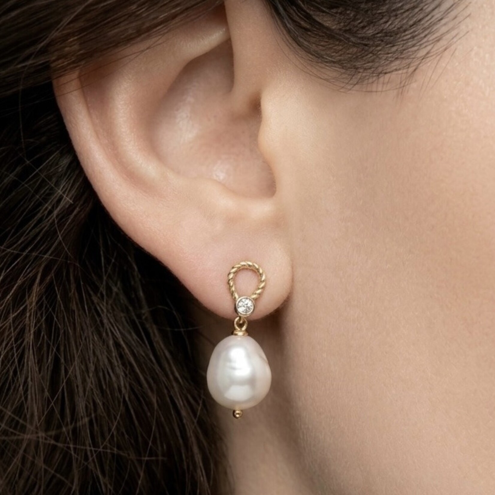 14K Yellow Gold Pearl & Diamond Cable Drop Earrings
