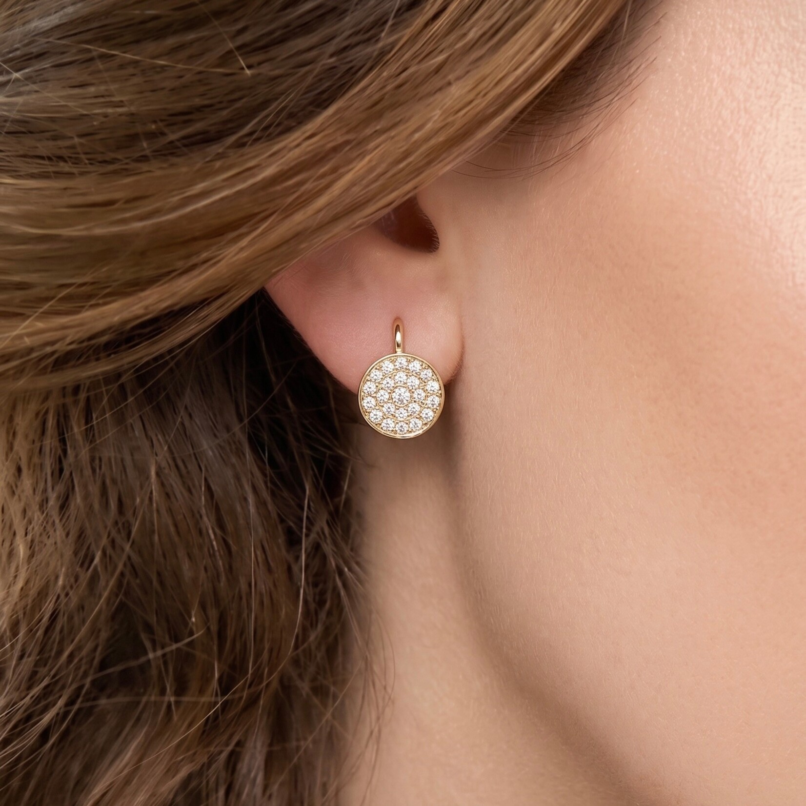 14K Yellow Gold Pave Diamond Disc Earrings