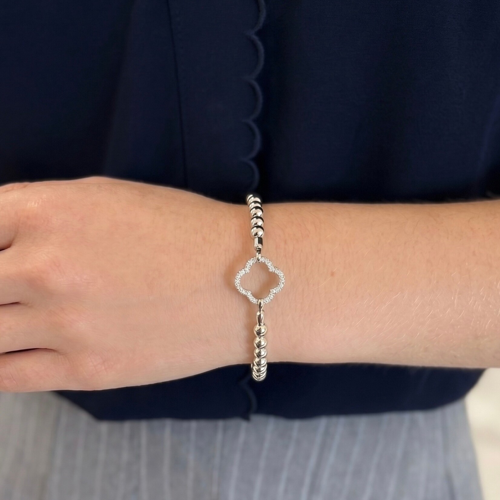 Sterling Silver Diamond Quatrefoil Diamond Bead Bracelet