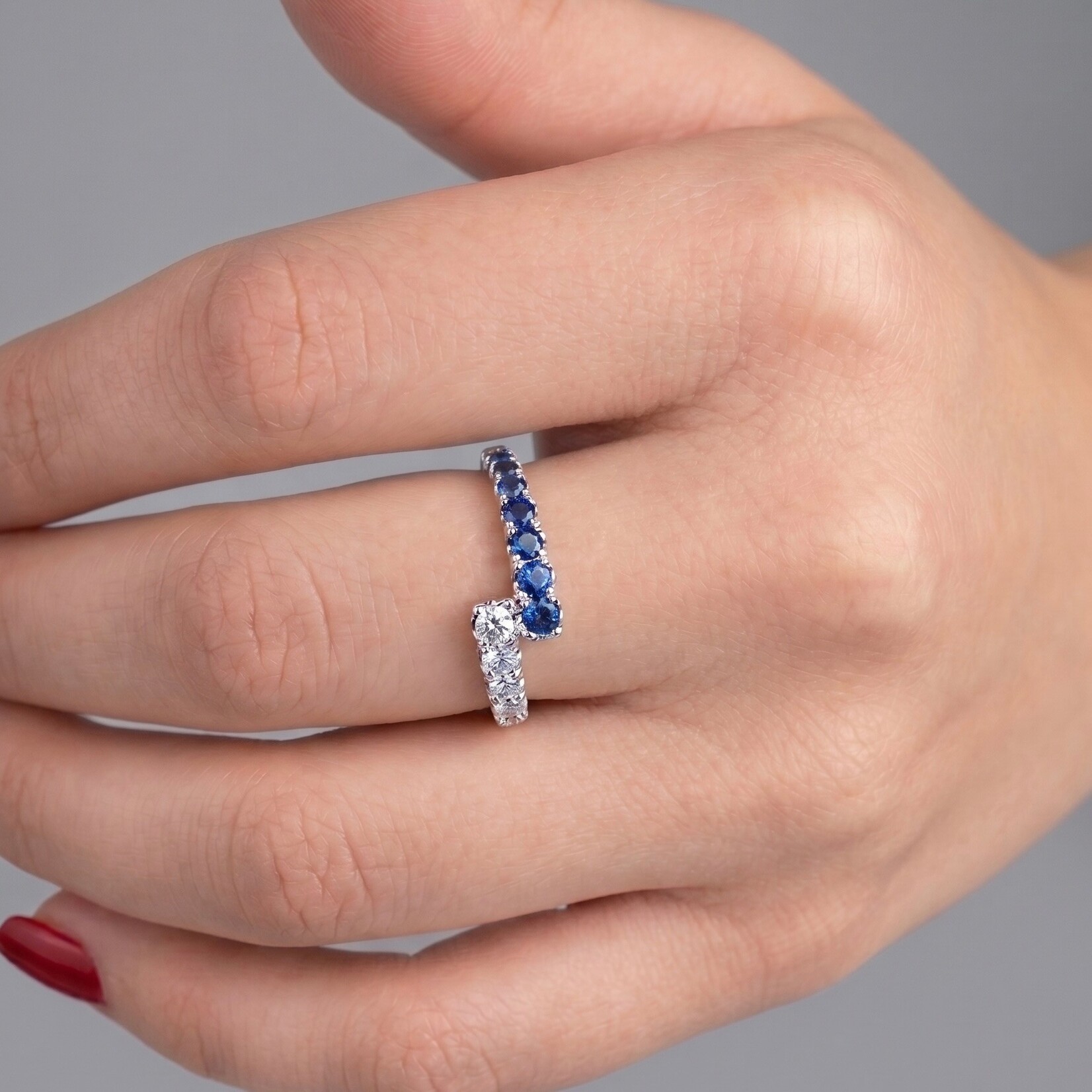 14K White Gold Pave Sapphire & Diamond Bypass Ring
