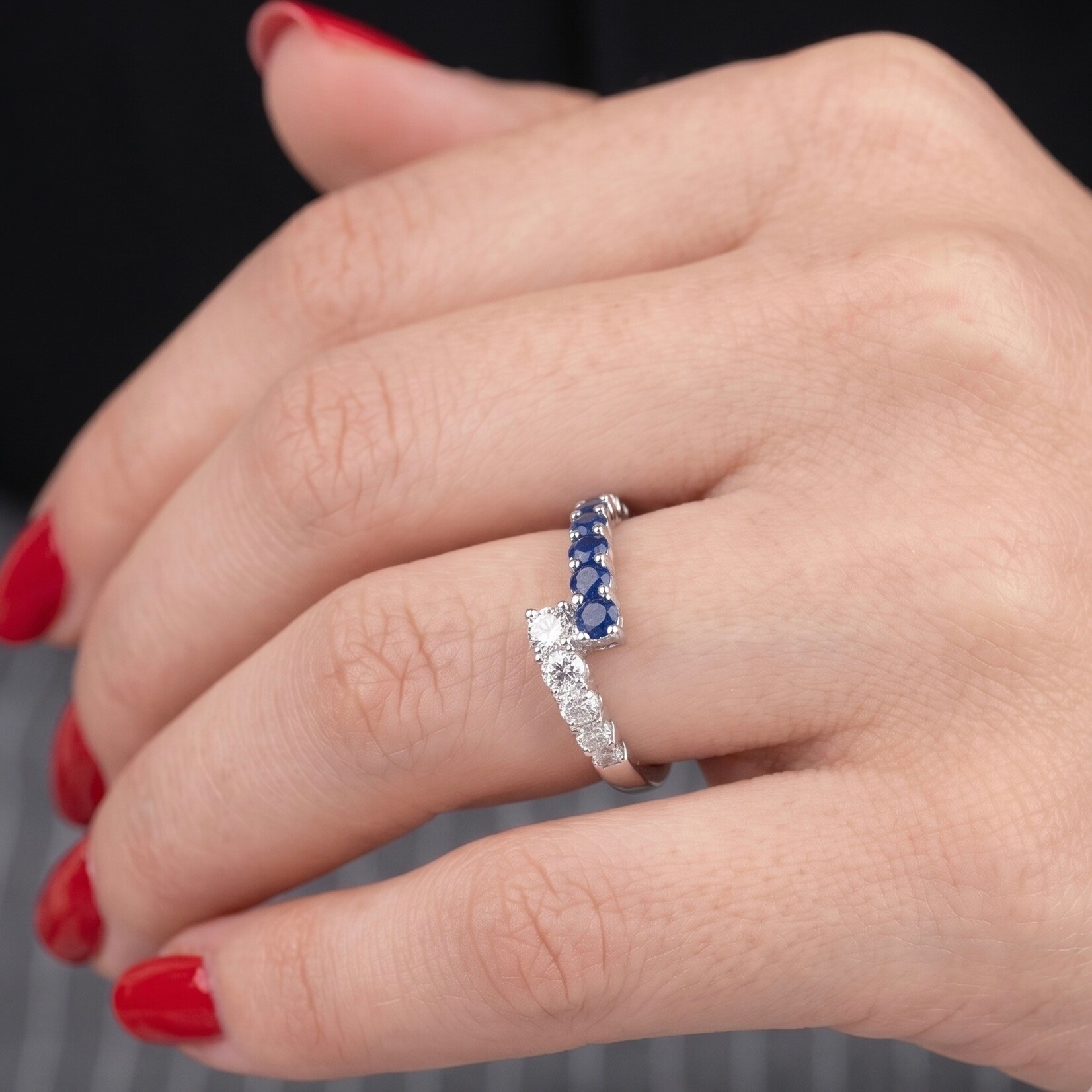 14K White Gold Pave Sapphire & Diamond Bypass Ring