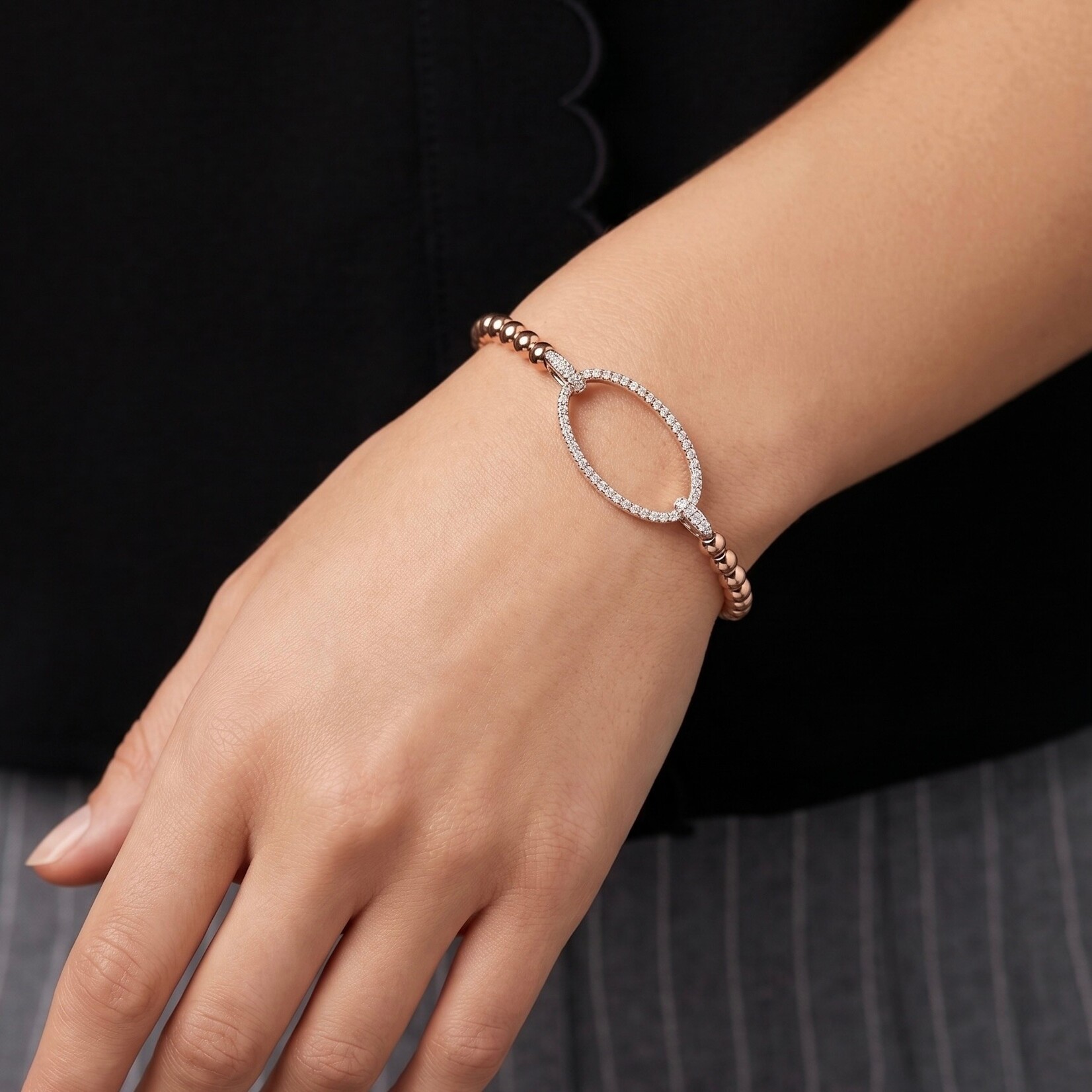 Sterling Silver 14K Rose Gold Overlay Diamond Oval Link Bead Bracelet