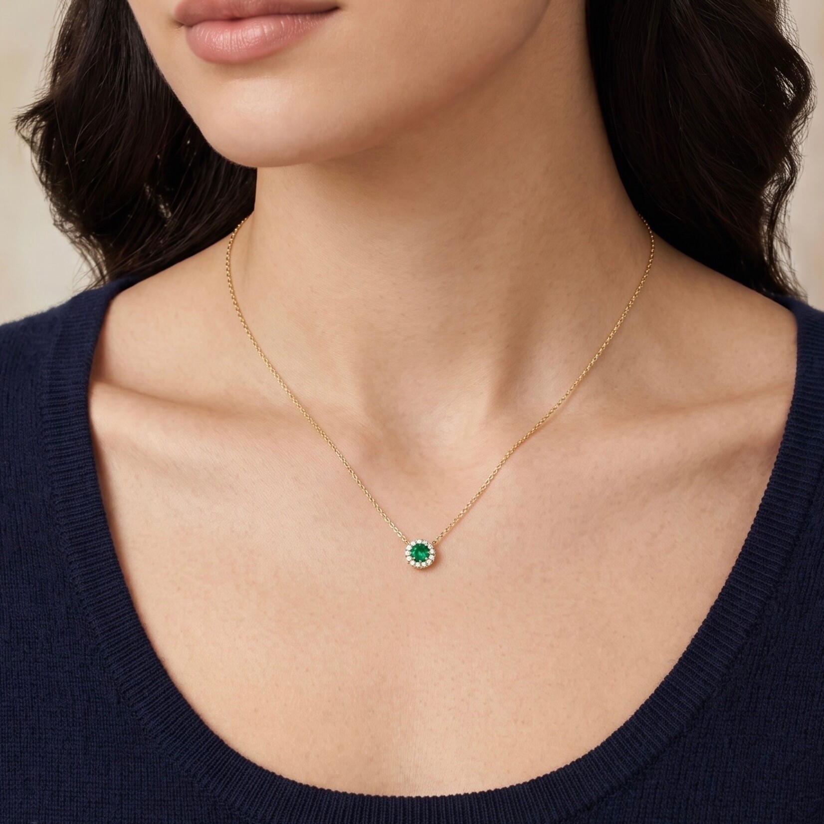 14K Yellow Gold Emerald & Diamond Halo Pendant