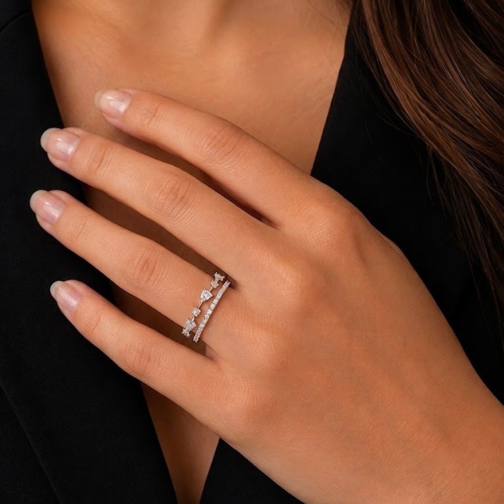14K White Gold Pear Shape & Pave 0.60 Carat Double Diamond Band