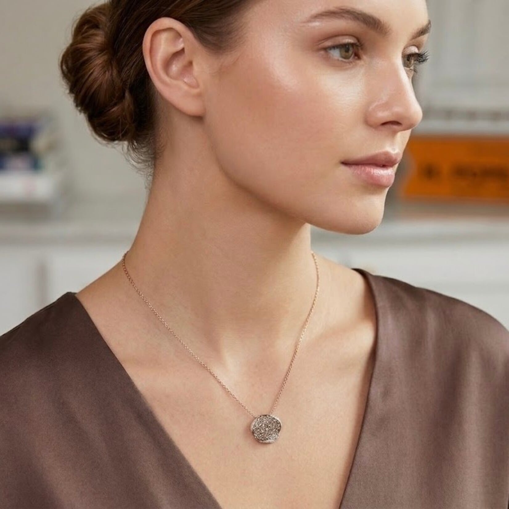 14K Rose Gold 2.0 Carat Champagne Diamond Wavy Disc Pendant 18"