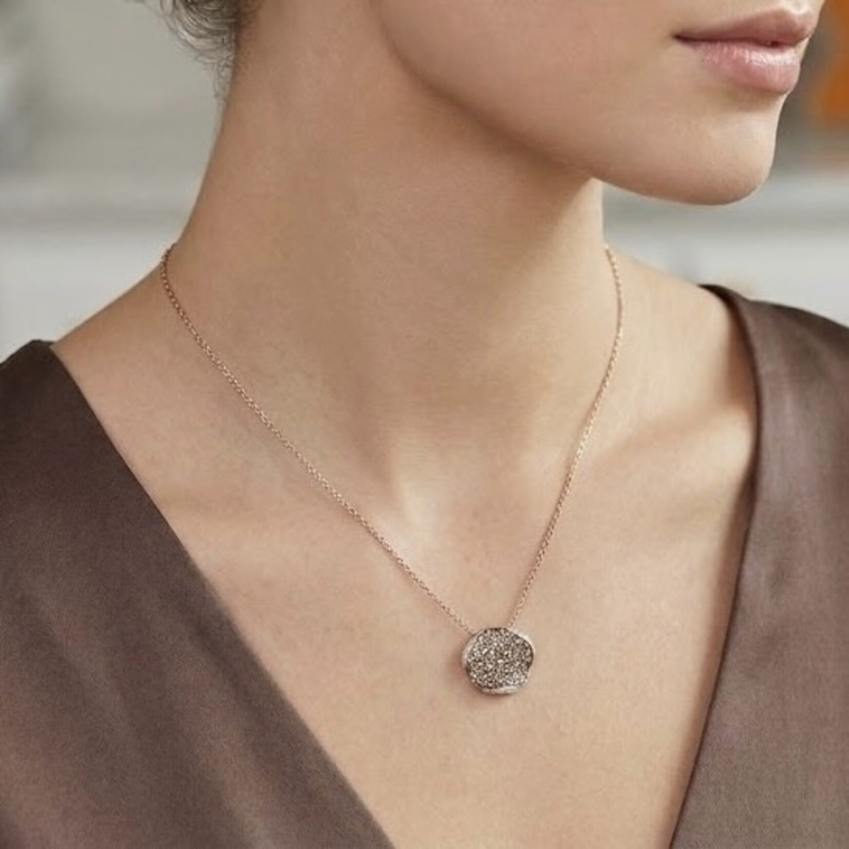 14K Rose Gold 2.0 Carat Champagne Diamond Wavy Disc Pendant 18"