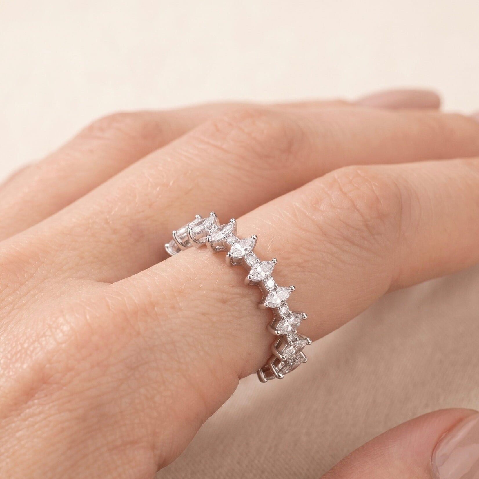 14K White Gold  Marquis Shape & Round Diamonds 0.55 Carats Band