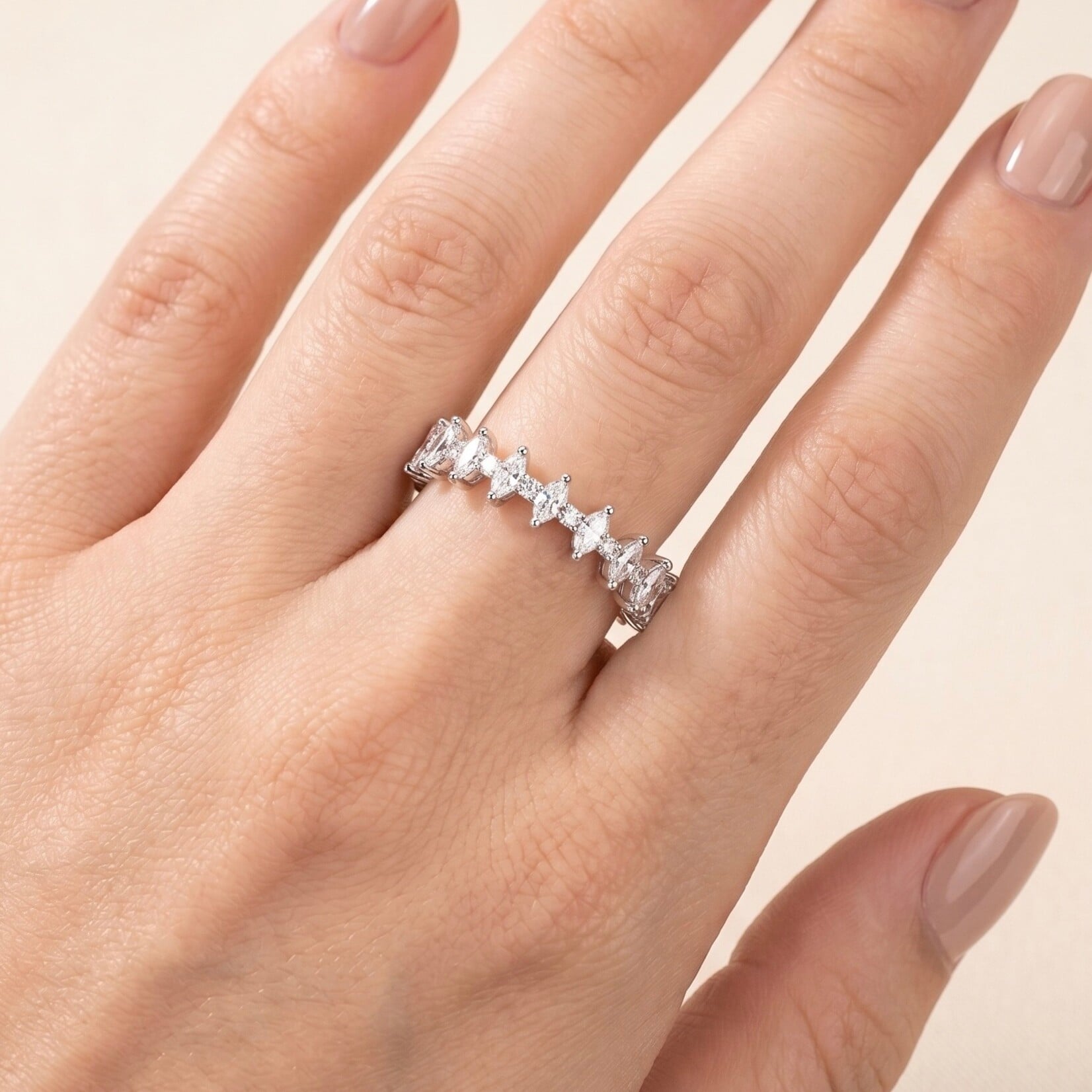 14K White Gold  Marquis Shape & Round Diamonds 0.55 Carats Band
