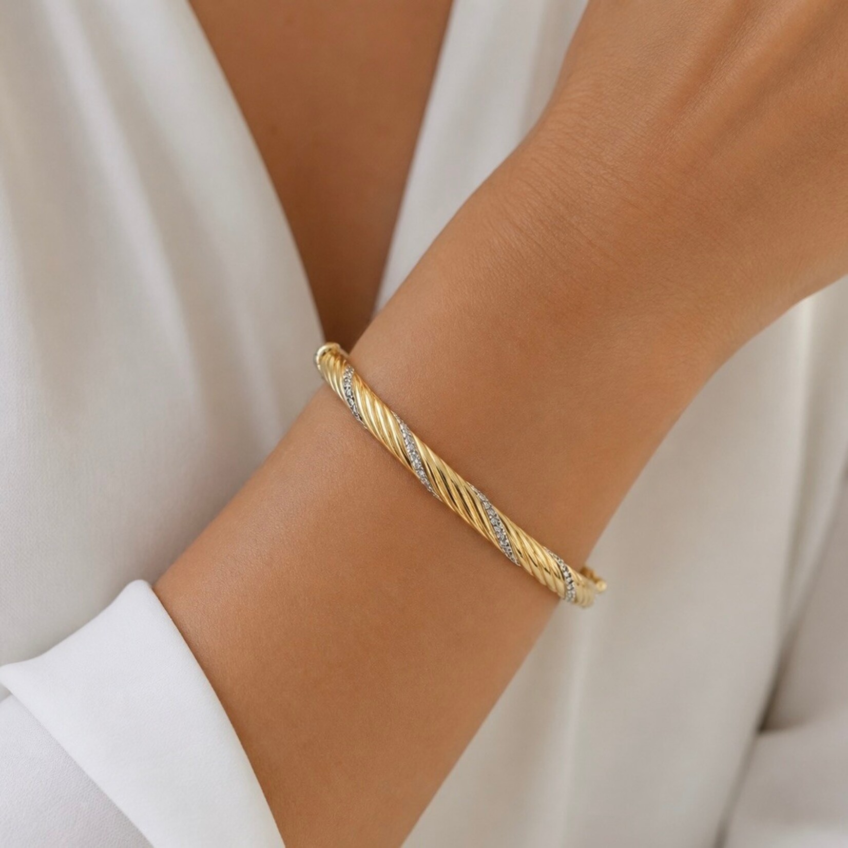 18K Yellow Gold Overlay Sterling Diamond Cable Bangle