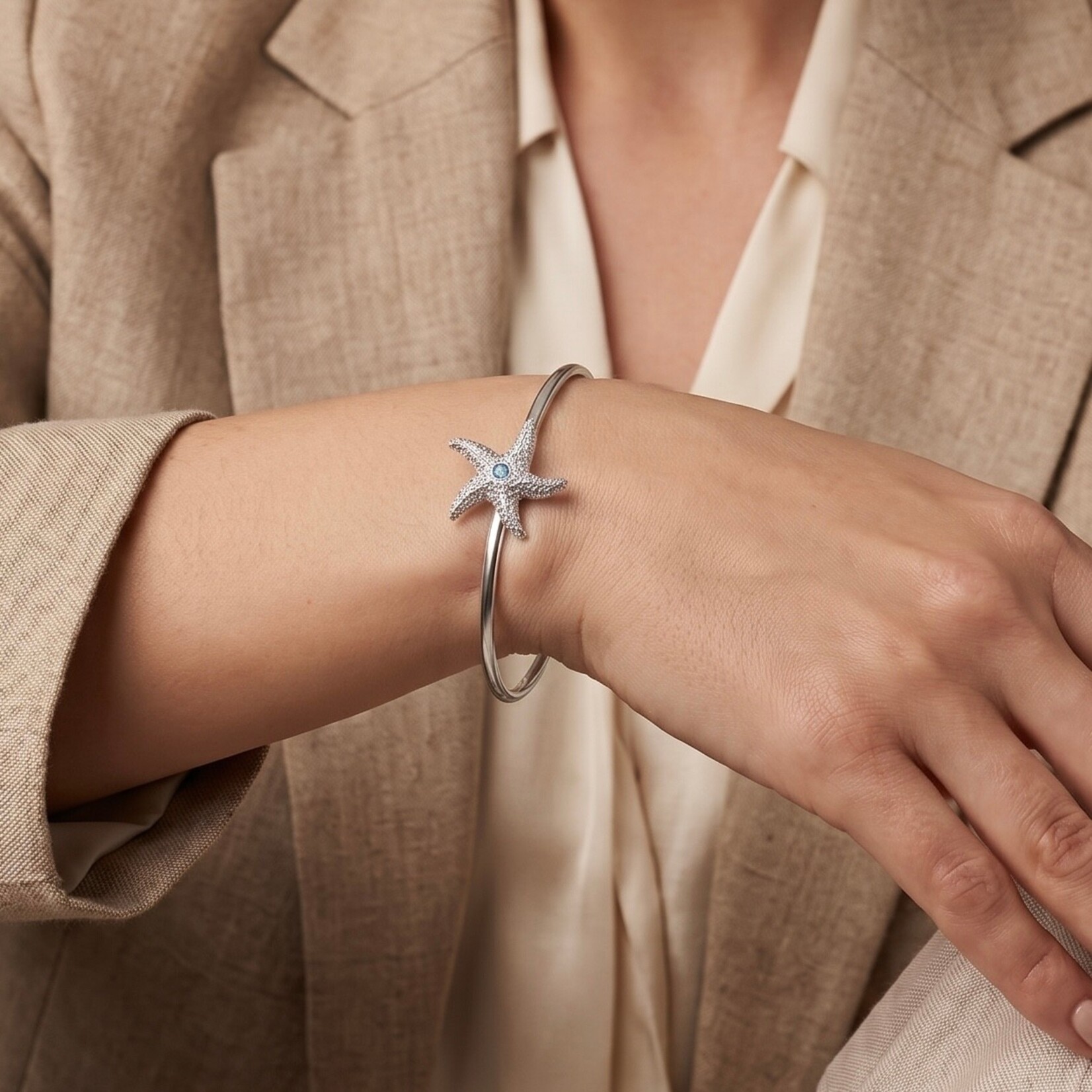 Sterling Silver Blue Topaz Starfish Bangle
