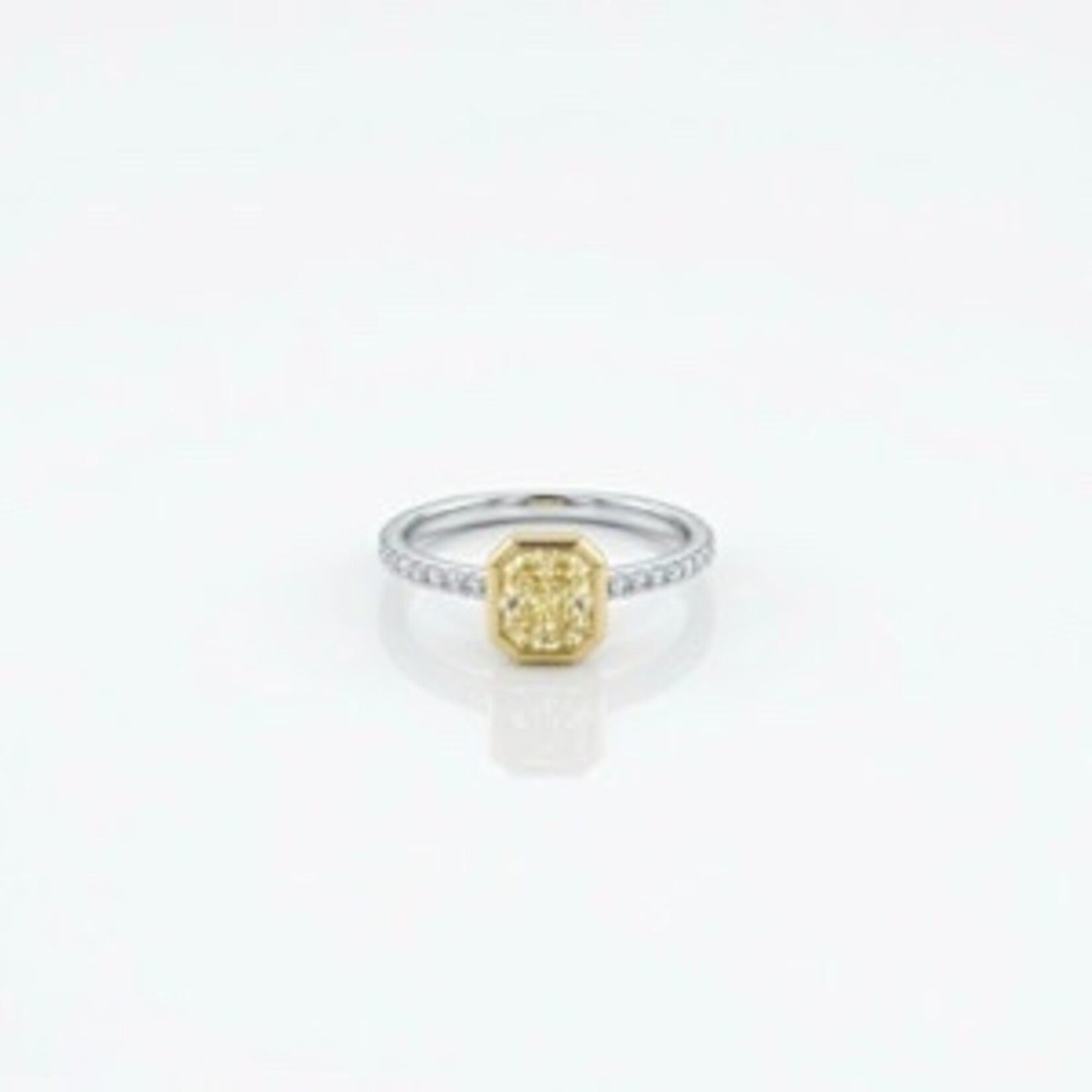 18K Yellow Gold & Platinum Fancy Yellow Radiant Cut 1.08ctw Diamond Ring 0.16ctw Side Diamonds