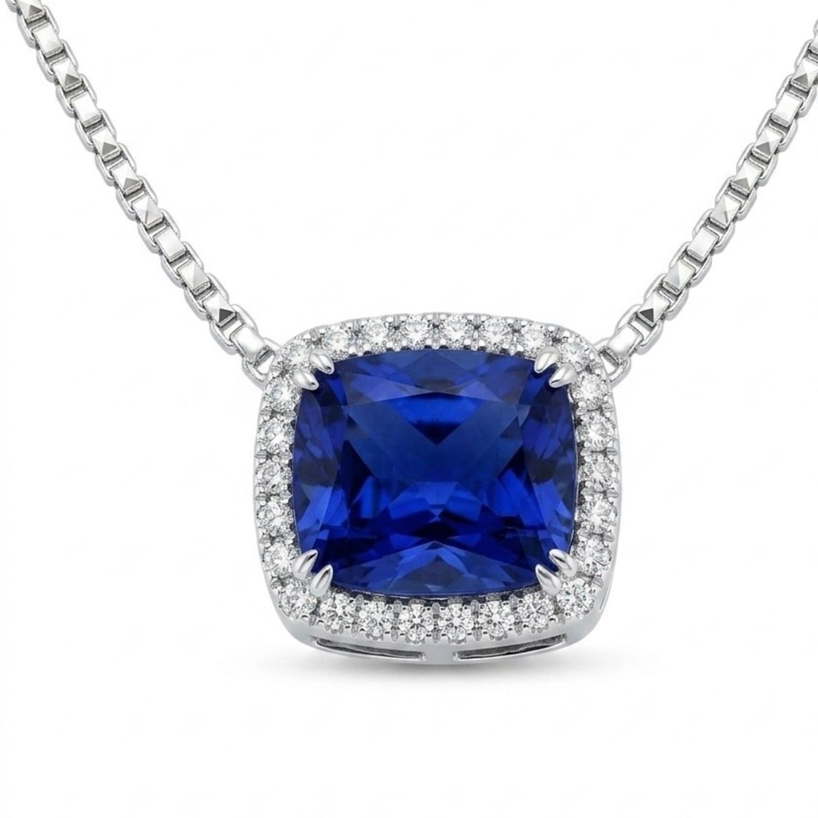 14K White Gold Tanzanite & Diamond Halo Necklace