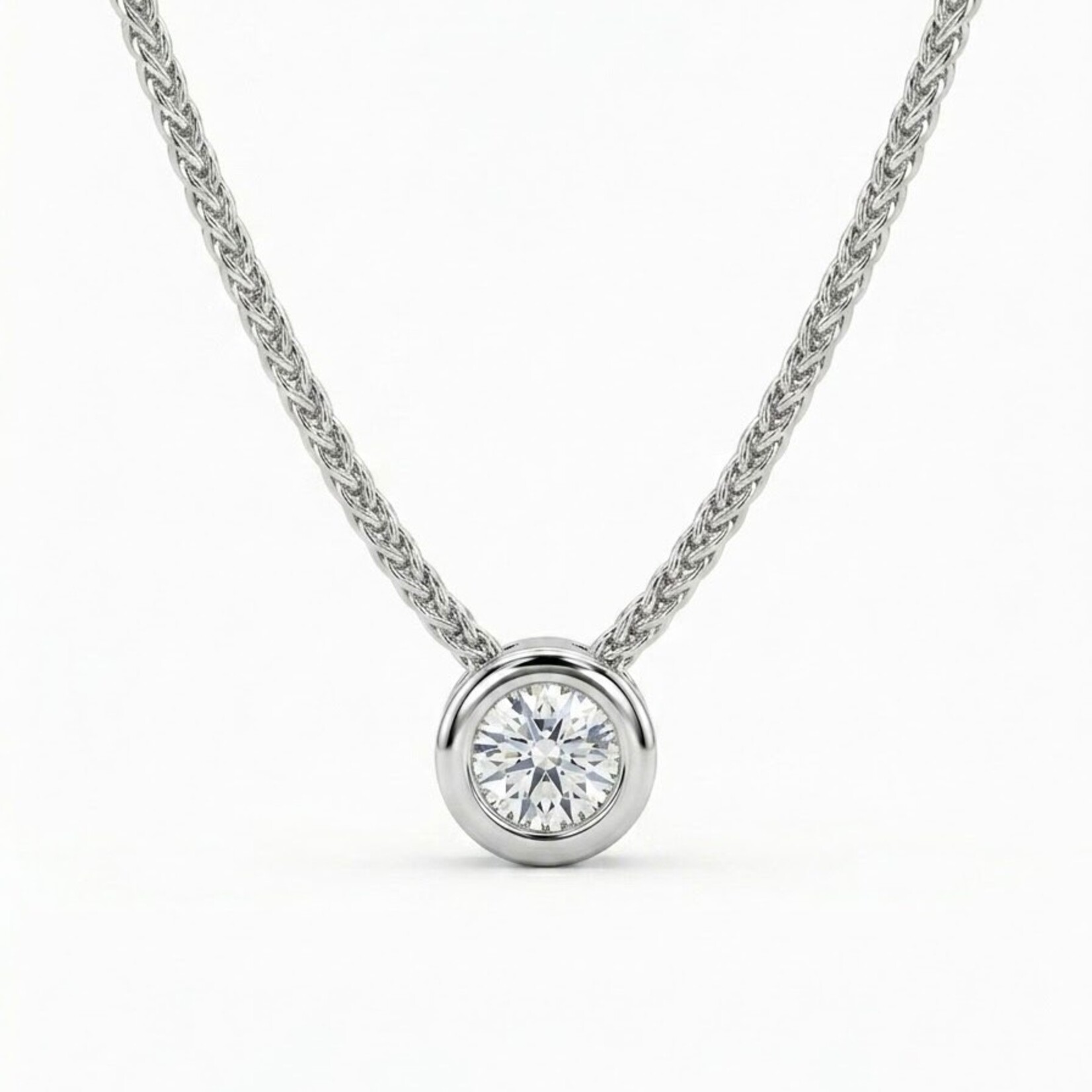 14K White Gold Round Diamond Bezel Pendant