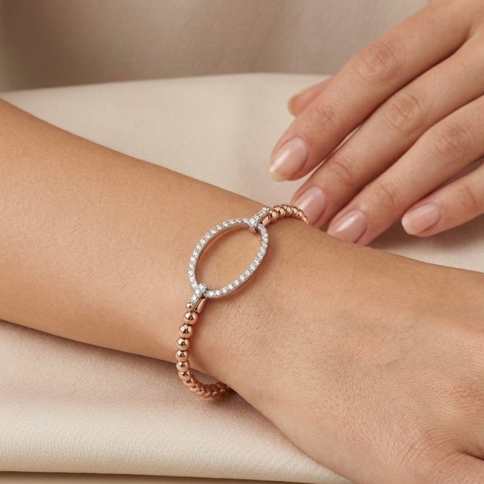 Sterling Silver 14K Rose Gold Overlay Diamond Oval Link Bead Bracelet