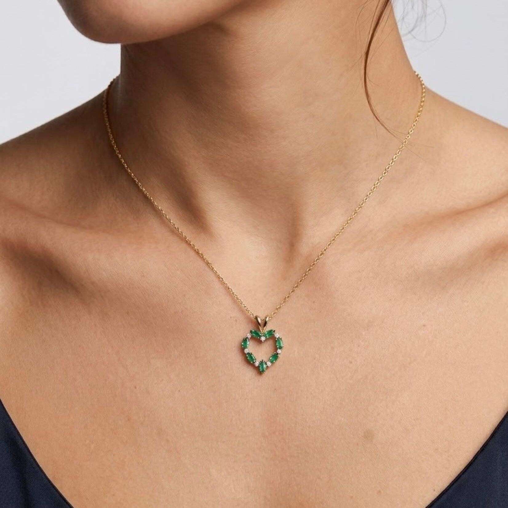 14K Yellow Gold Emerald & Diamond Open Heart Pendant