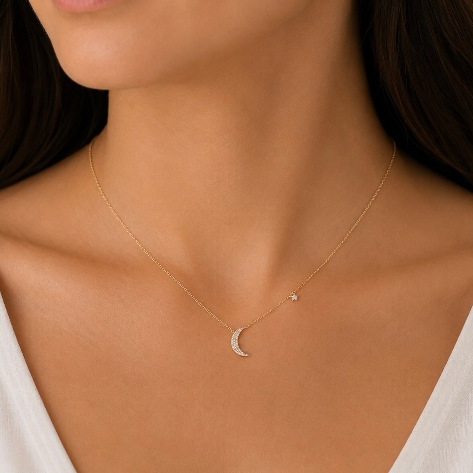 14K Yellow Gold Moon & Star Diamond Necklace