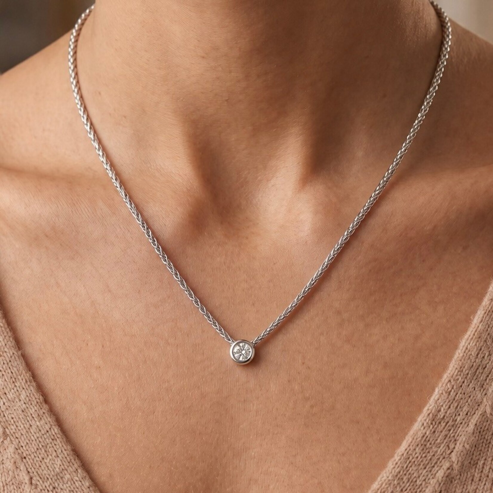 14K White Gold Round Diamond Bezel Pendant