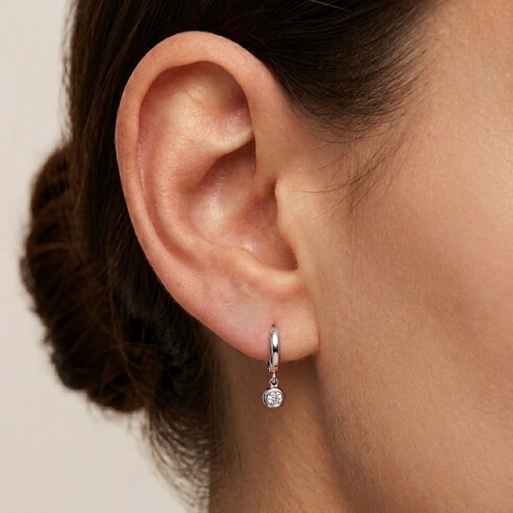 14K White Gold Diamond Bezel Charm Hoop Earrings