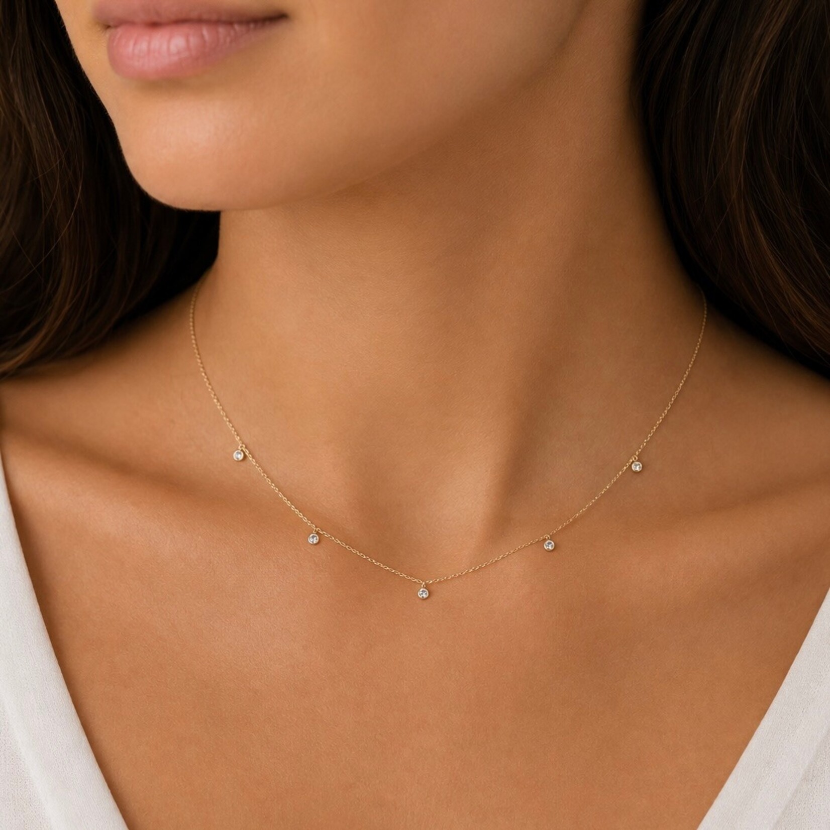 14K Yellow Gold  Five Diamond Bezel Necklace