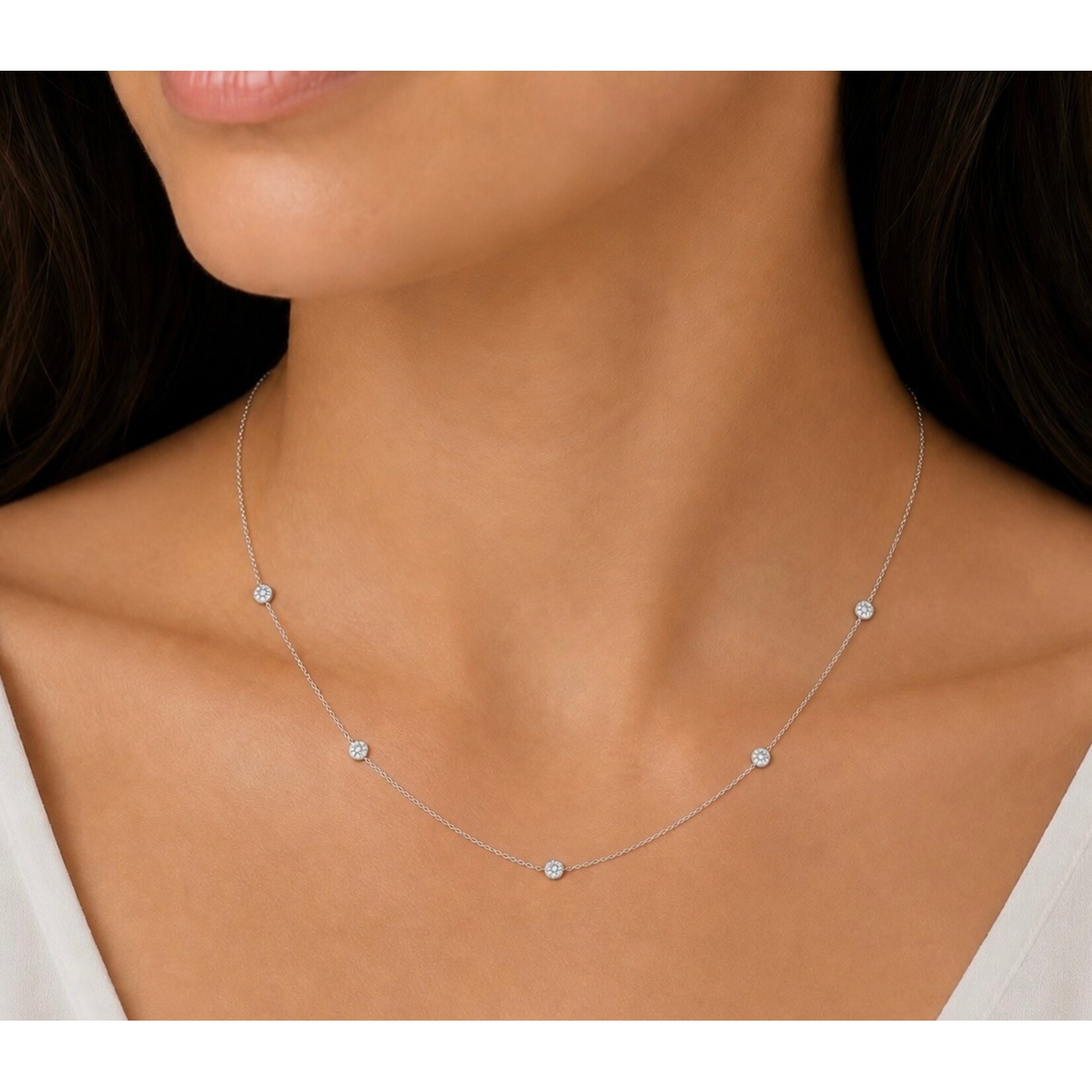 14K White Gold Five Diamond Pave Disc Necklace