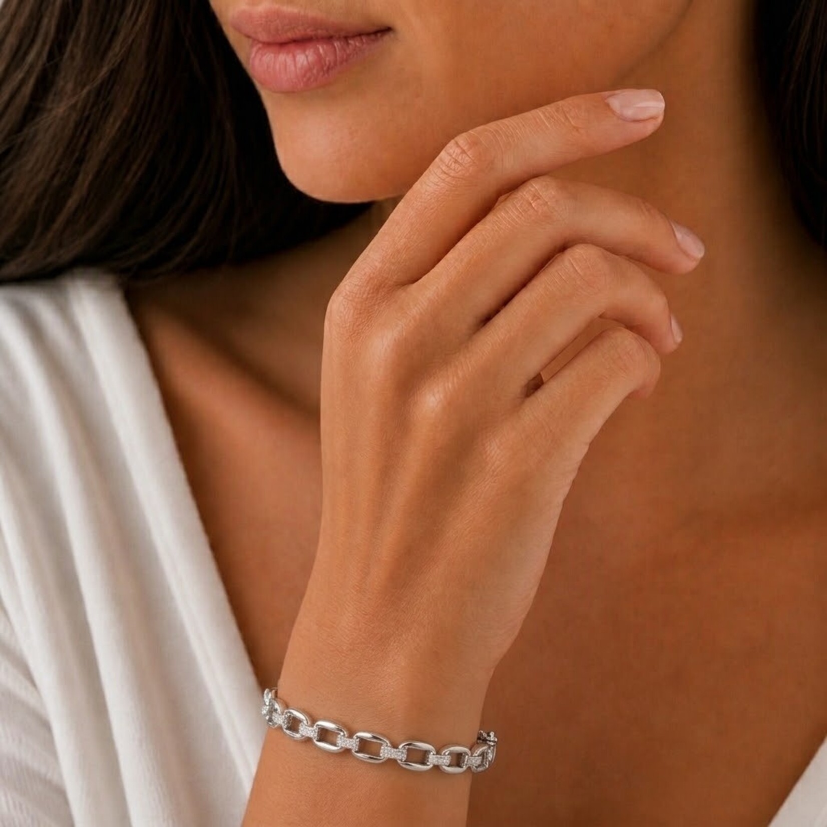 Sterling Silver Diamond Cushion Link Bangle Bracelet