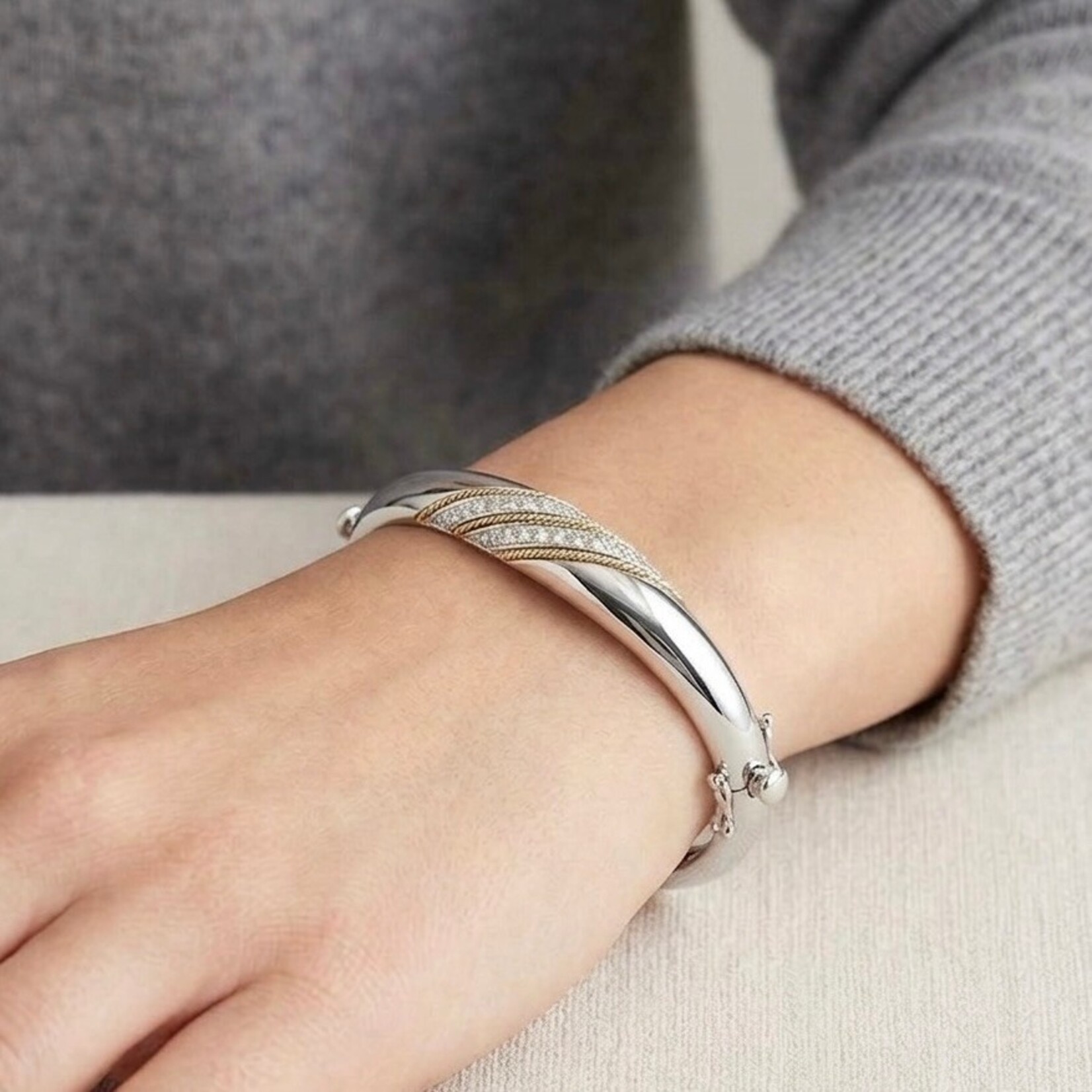 Sterling Silver 14K Yellow Gold Diamond Cable Accent Bangle