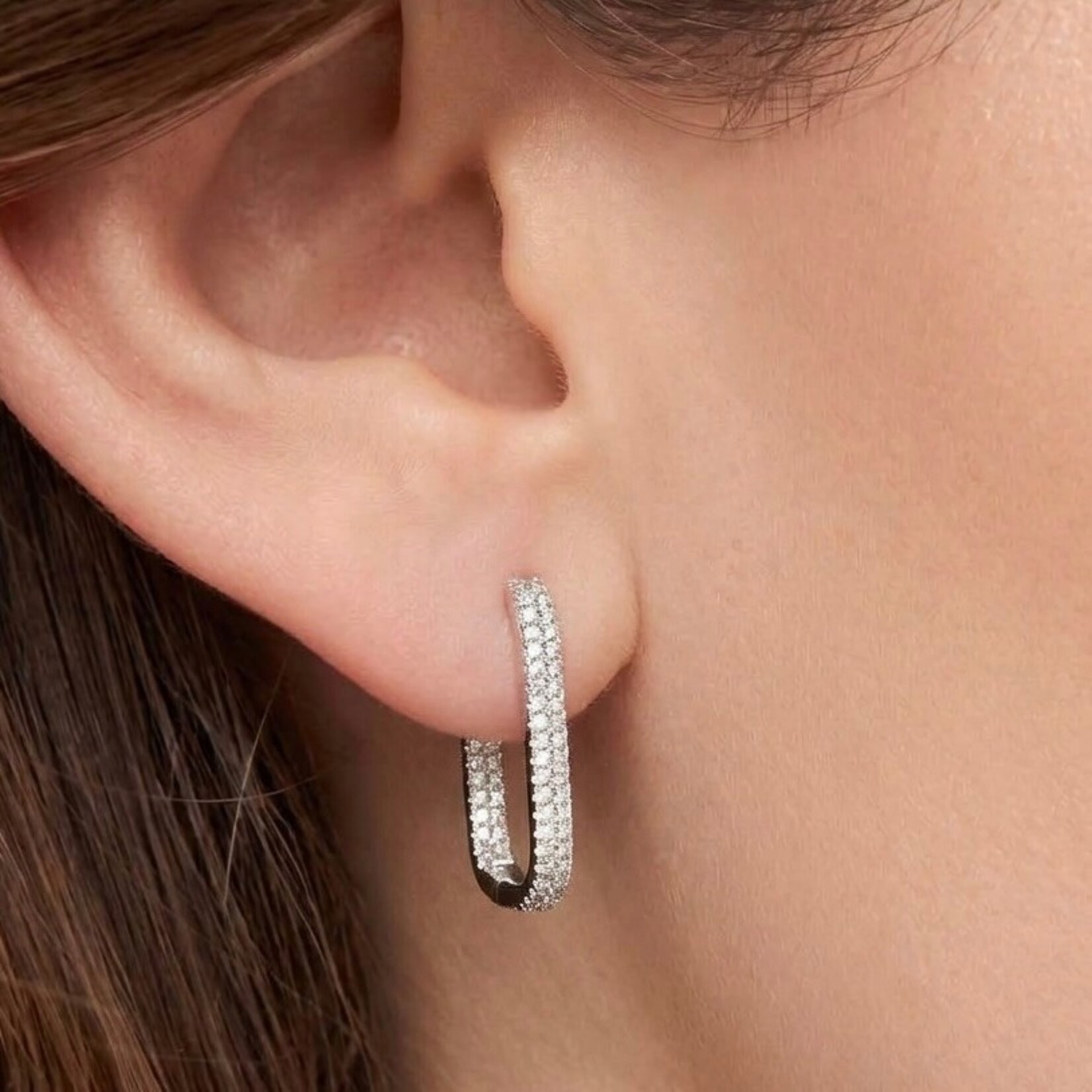 14K White Gold Rectangular Pave Diamond Hoop Earrings