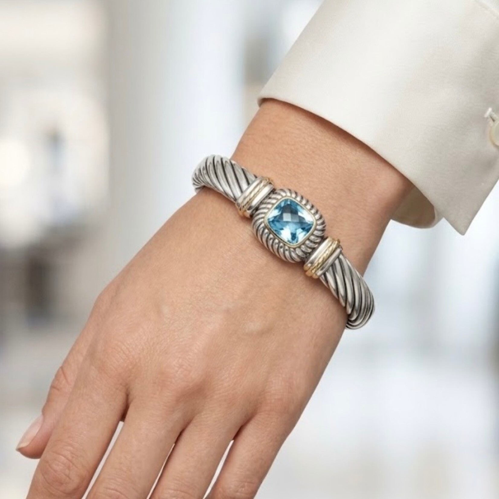 Sterling Silver & 18K Gold Blue Topaz Cable Bangle
