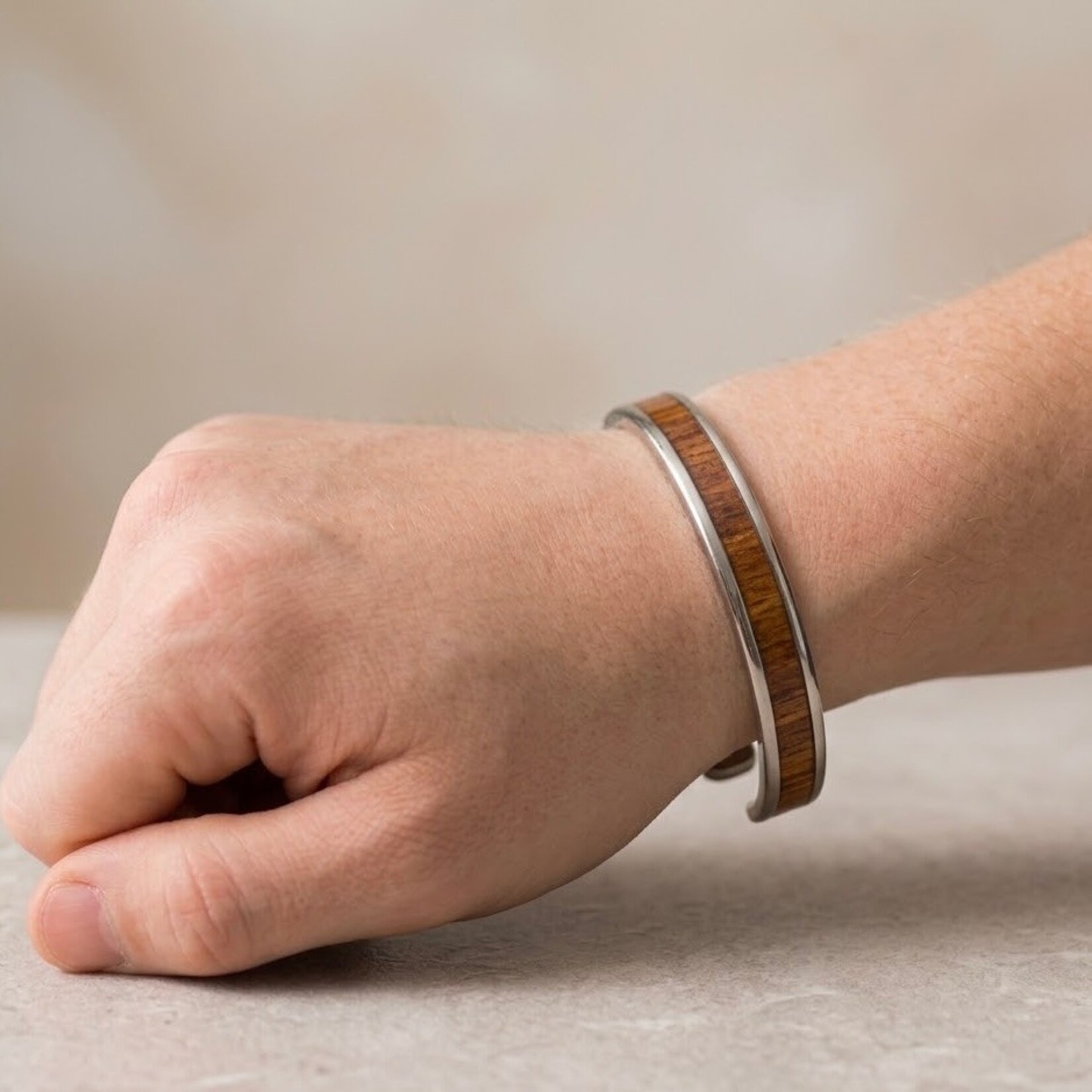 Stainless Steel Enameled Koa Wood Inlay Cuff Bangle