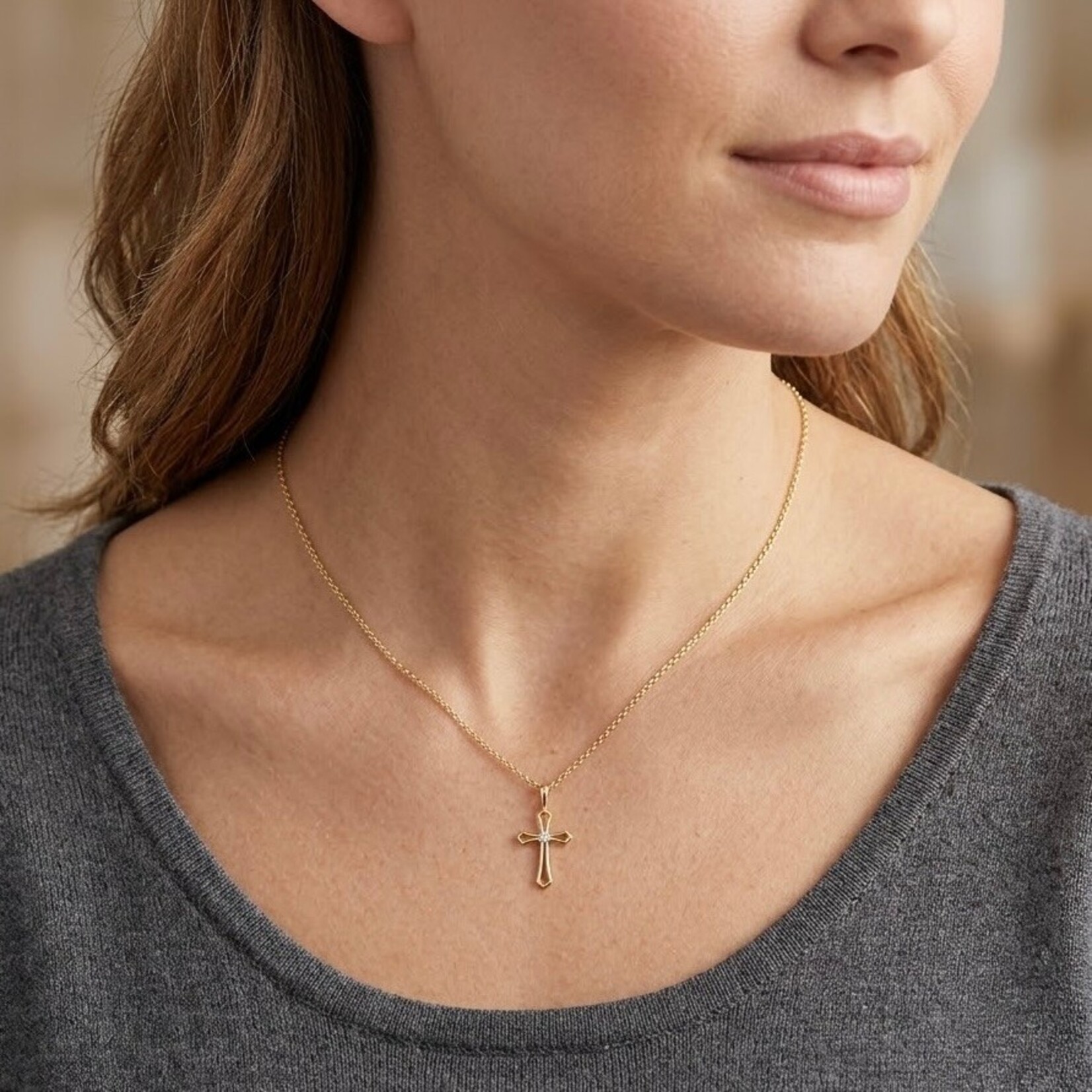 14K Yellow Gold Diamond Open Frame Cross