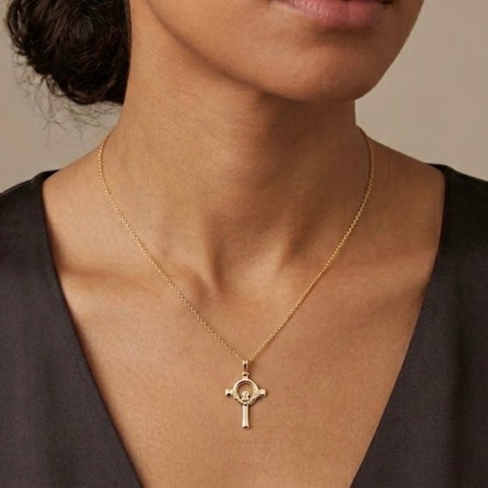 Solid 14K Yellow Gold Irish Claddagh Cross