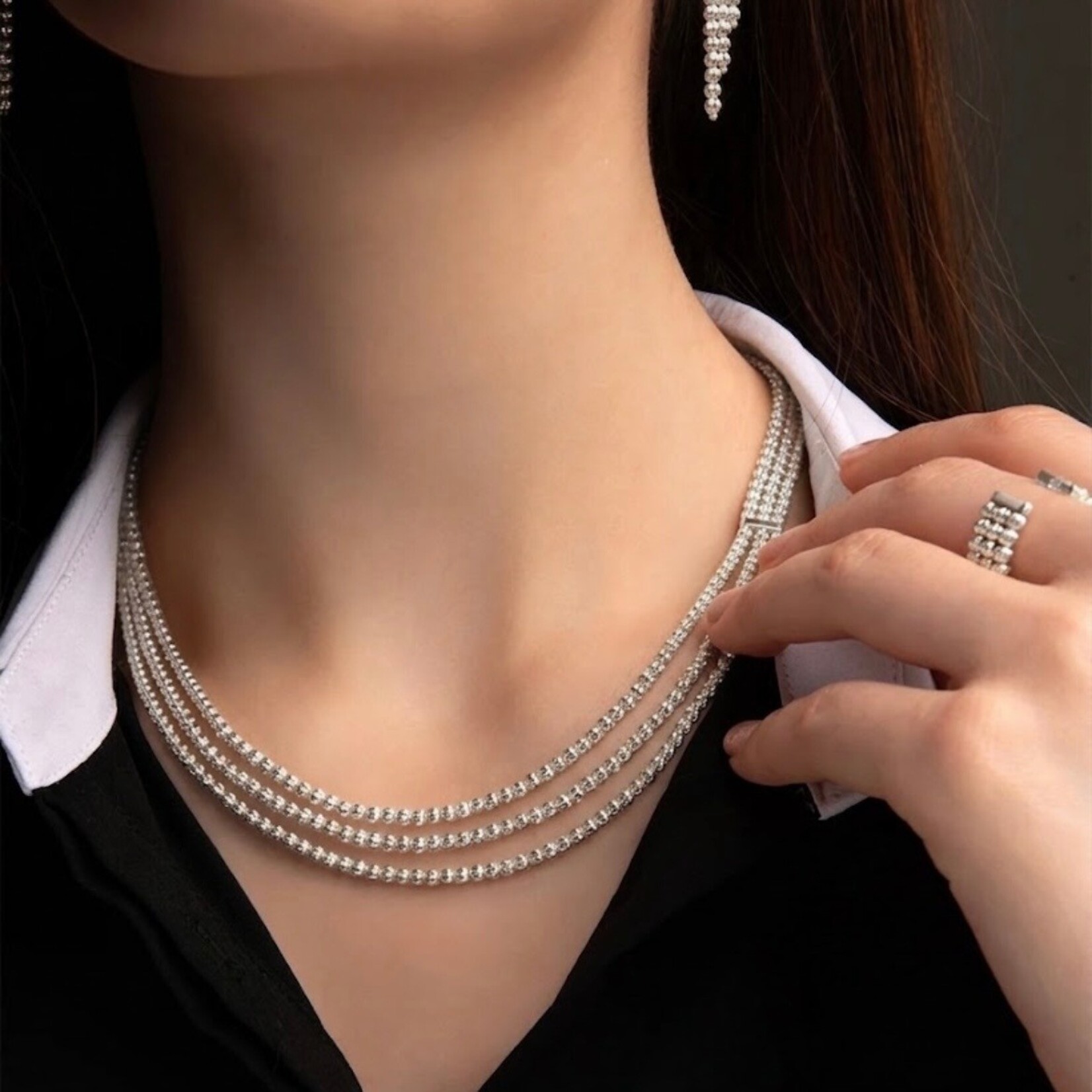 Sterling Silver Crystal Italia Triple Row Necklace
