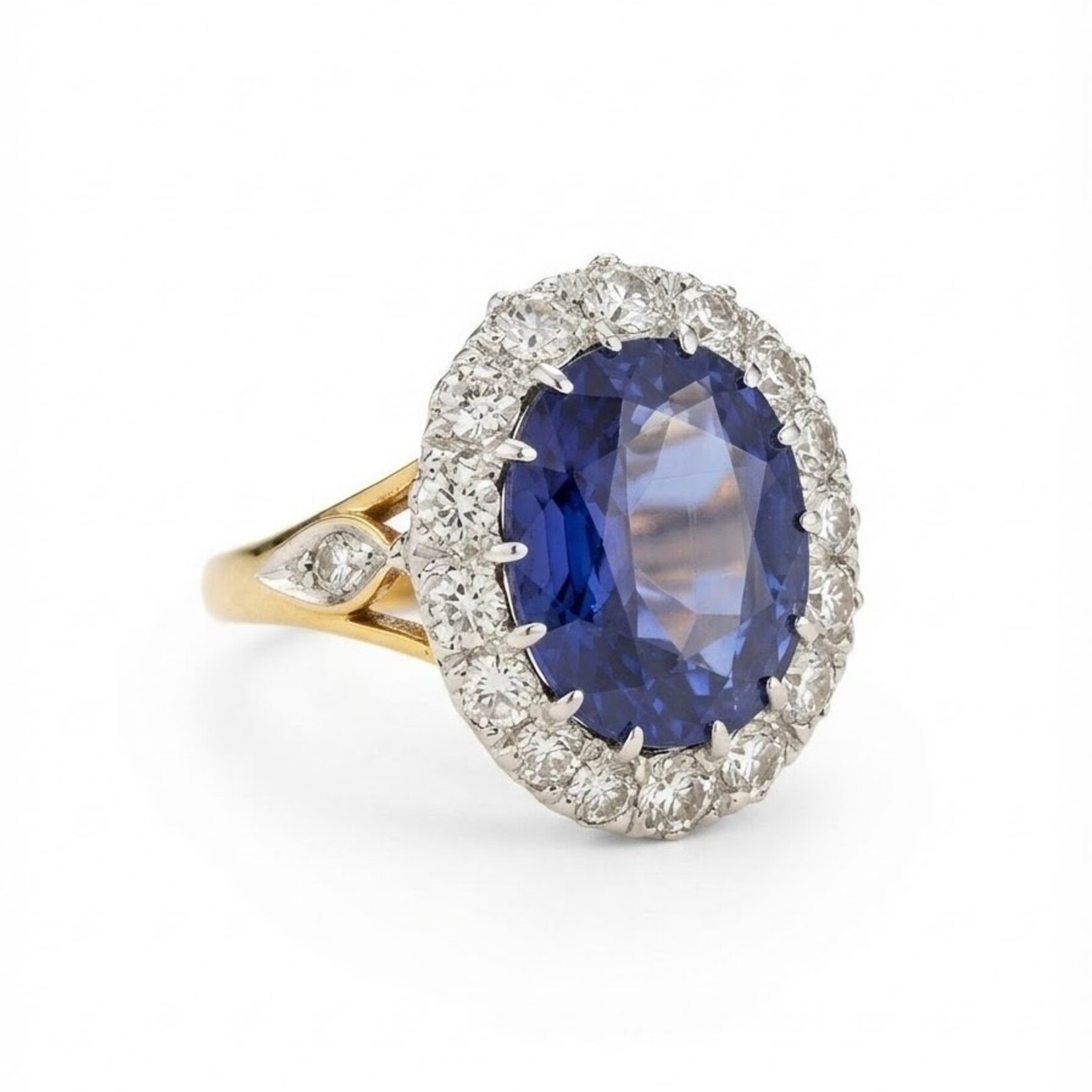 Antique 14K Yellow Gold & Platinum Oval Created Sapphire & Diamond Diana Ring