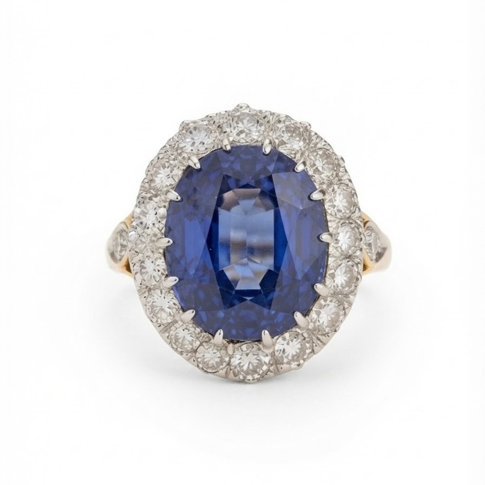 Antique 14K Yellow Gold & Platinum Oval Created Sapphire & Diamond Diana Ring