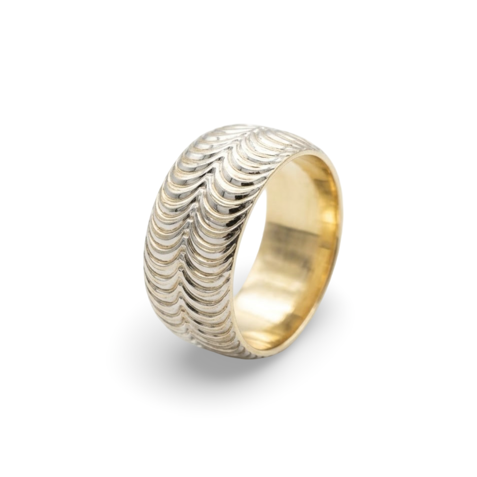 14K Two Tone Gold 10mm Carved Shimmer Band