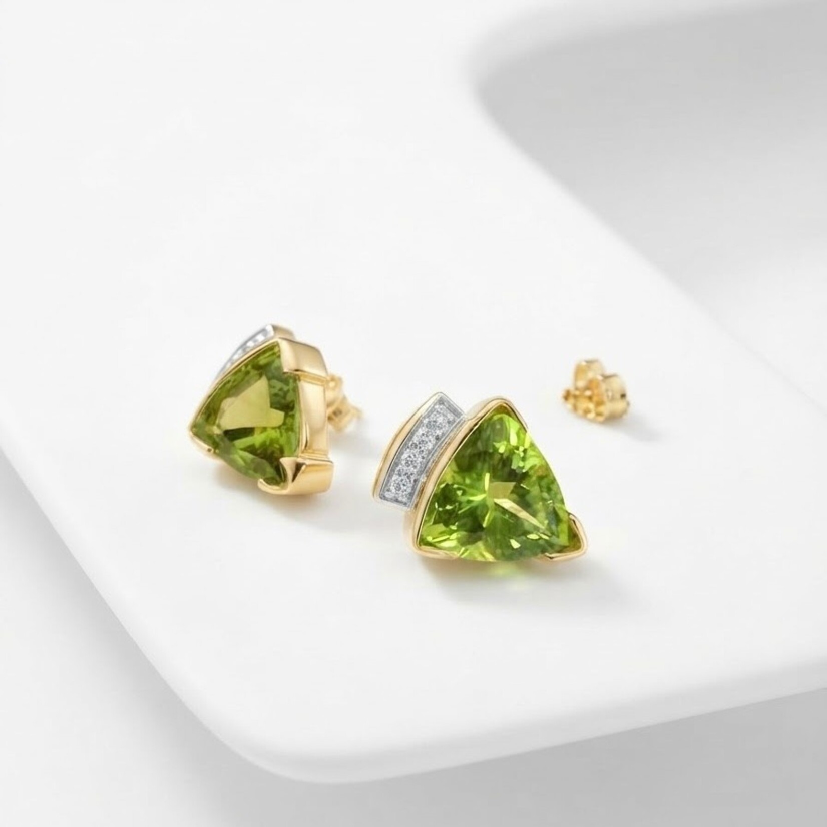14K Yellow Gold Trilliant Peridot & Diamond Stud Earrings